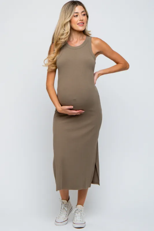Taupe Ribbed Maternity Side Slit Tank Dress sold by Pinkblush