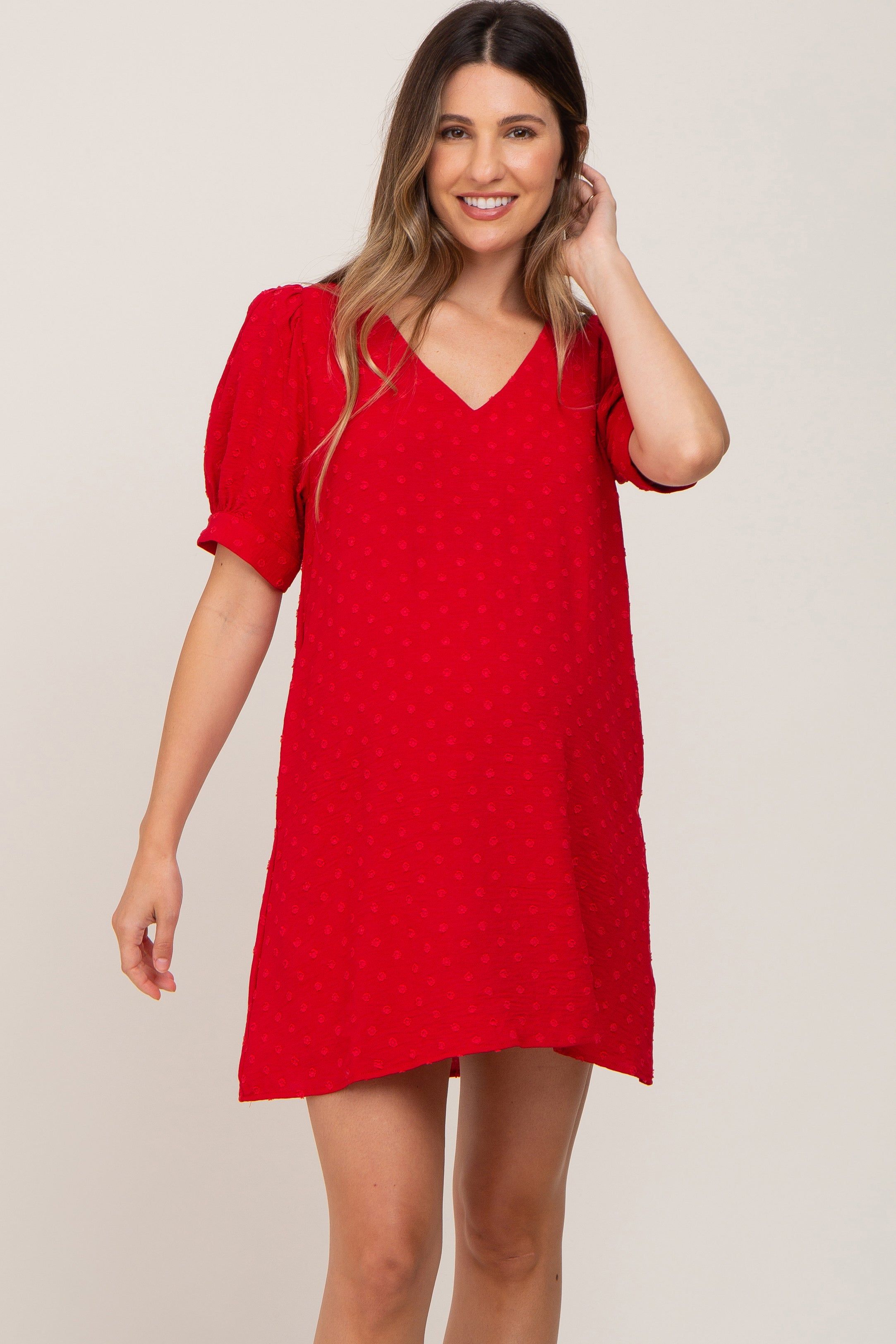 Red Textured Dot V-Neck Puff Sleeve Maternity Mini Dress sold by Pinkblush