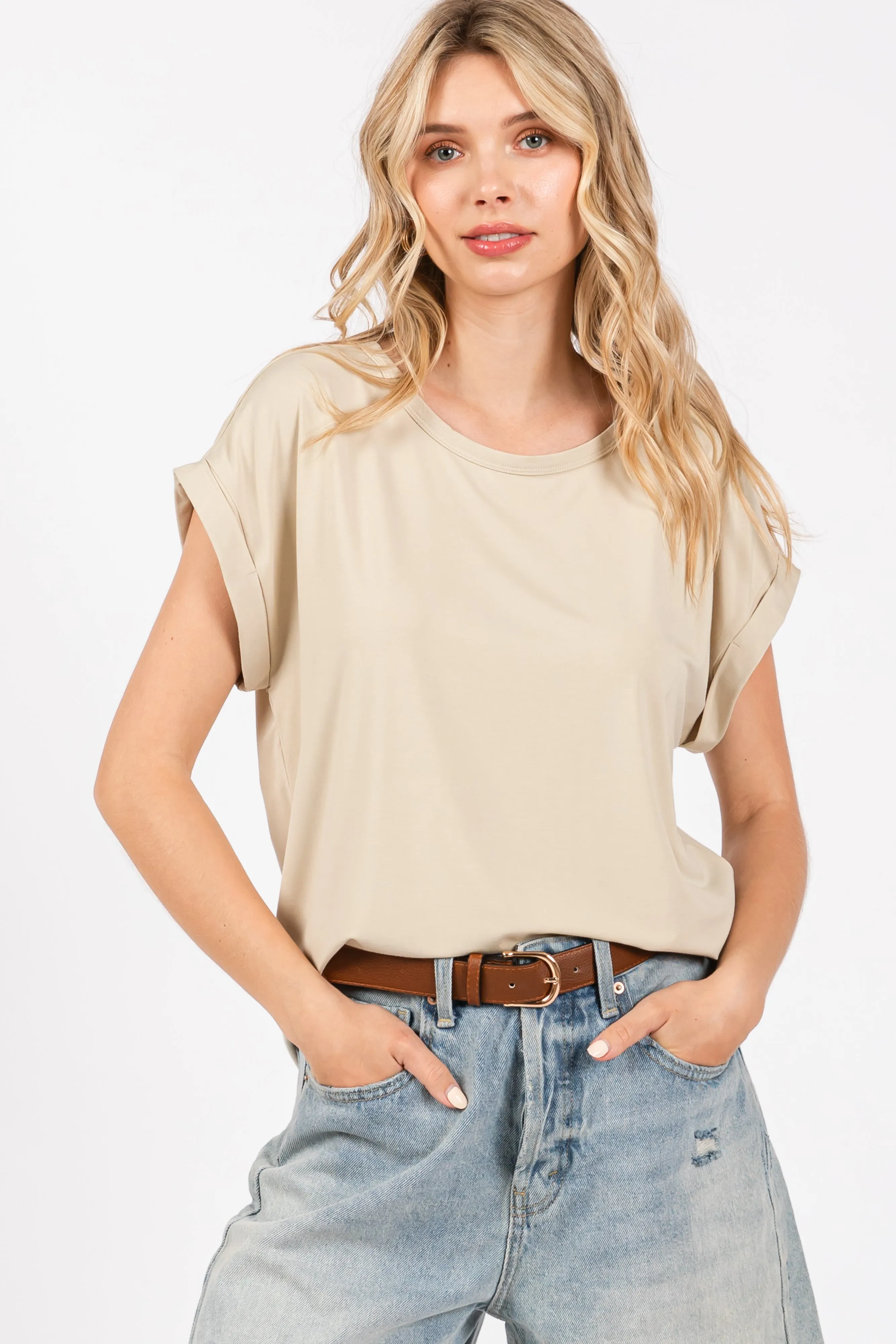 Taupe Rolled Cuff Sleeve Top sold by Pinkblush