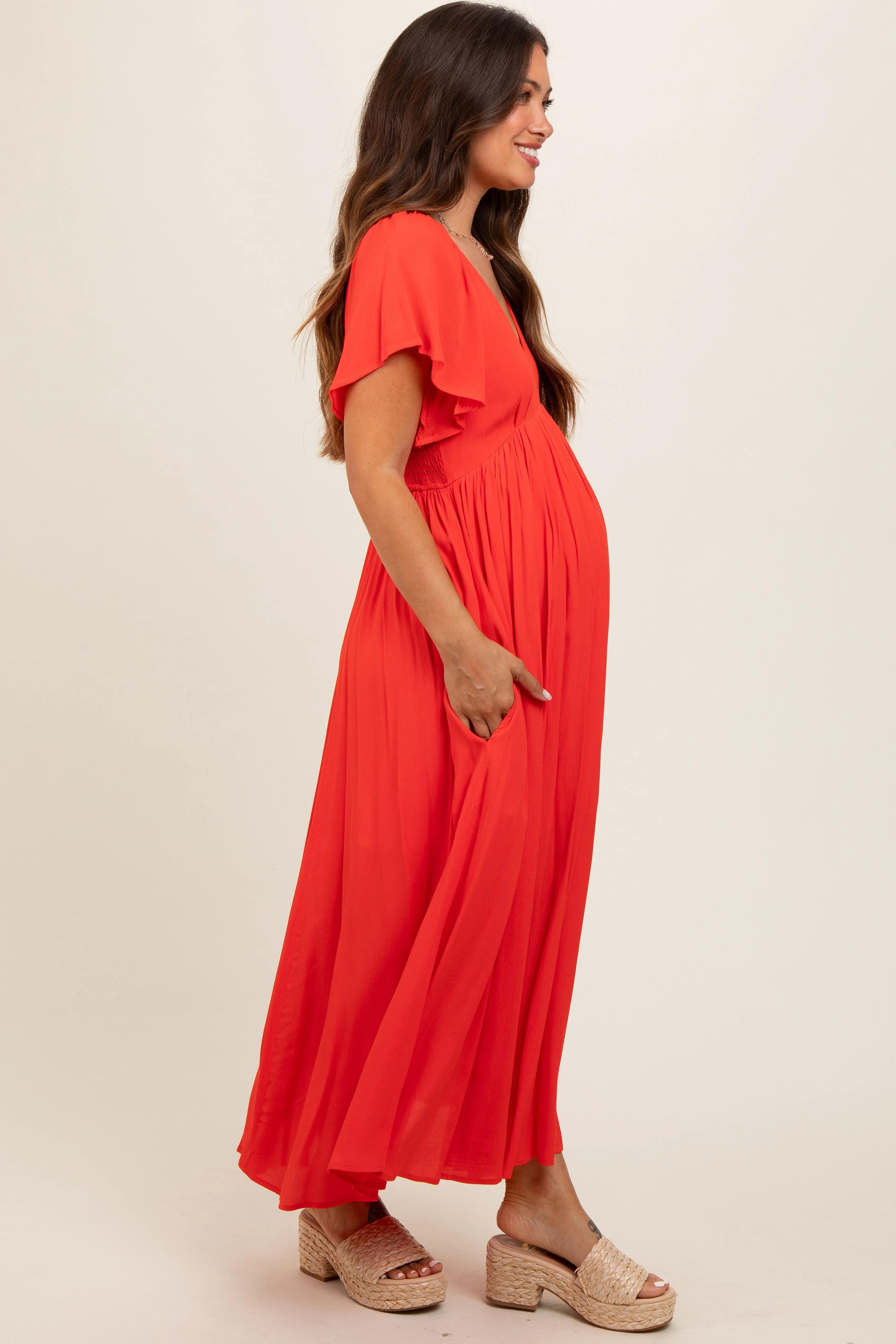 Coral V-Neck Flutter Short Sleeve Maternity Midi Dress sold by Pinkblush product image thumbnail 3