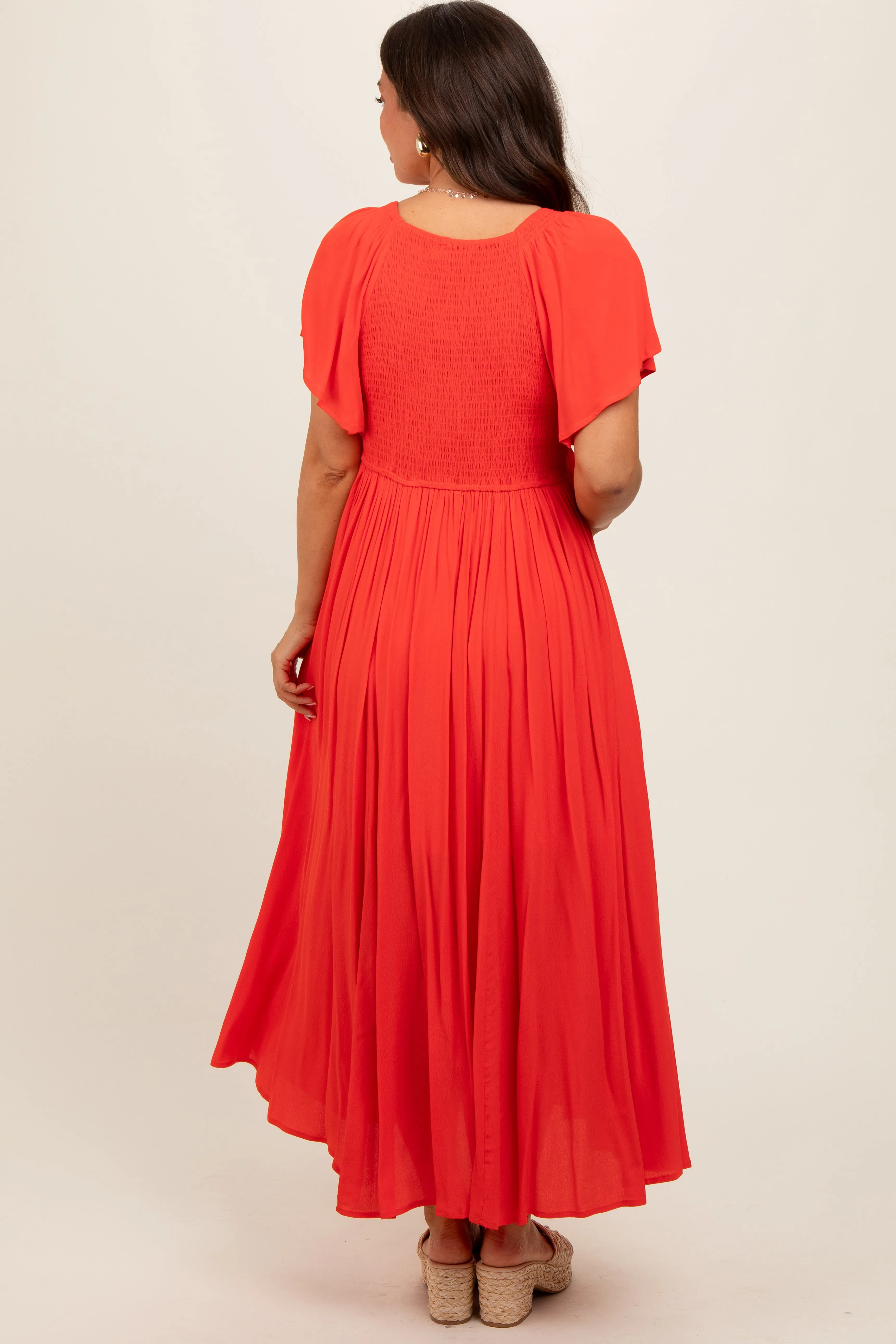 Coral V-Neck Flutter Short Sleeve Maternity Midi Dress sold by Pinkblush product image thumbnail 4