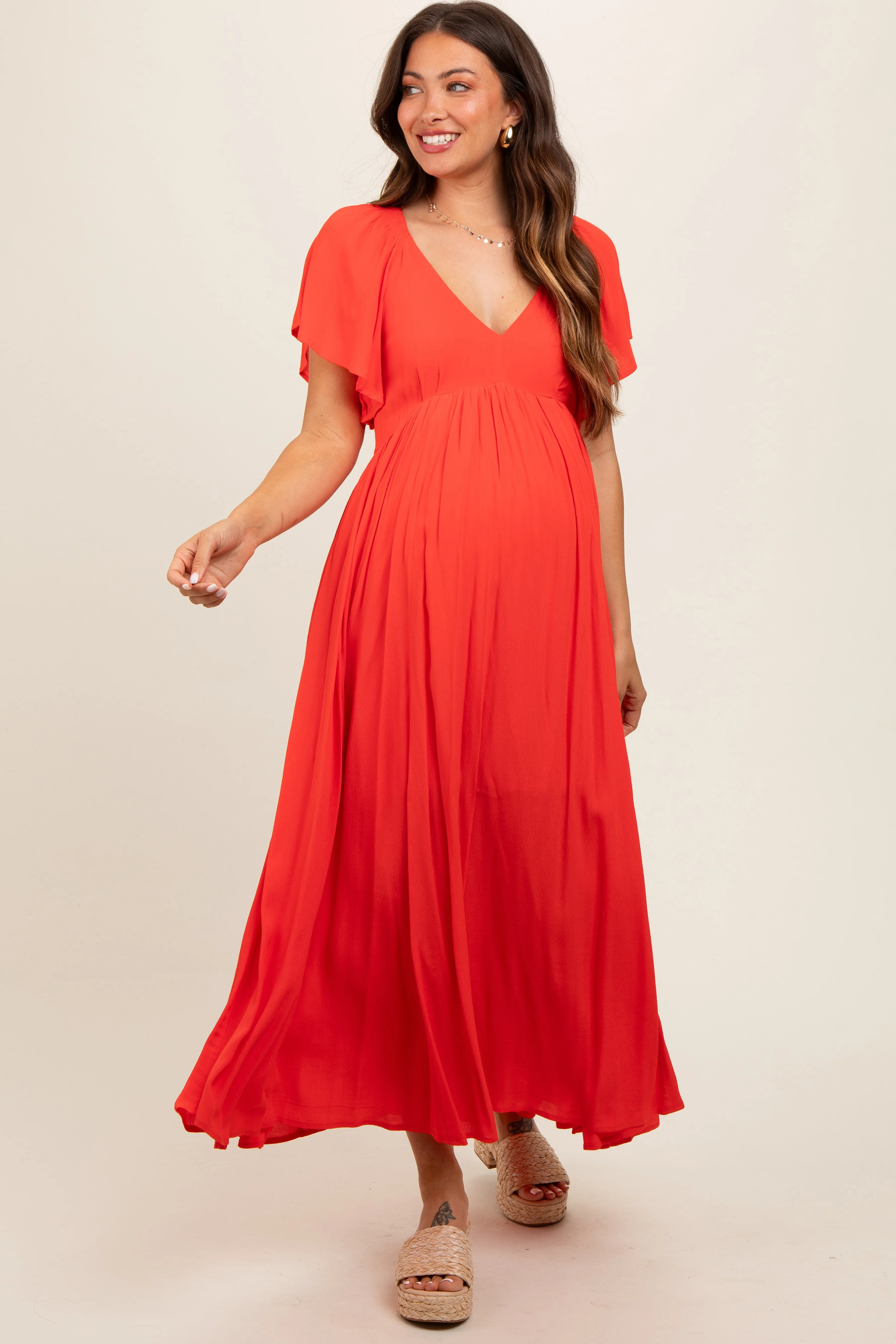 Coral V-Neck Flutter Short Sleeve Maternity Midi Dress sold by Pinkblush