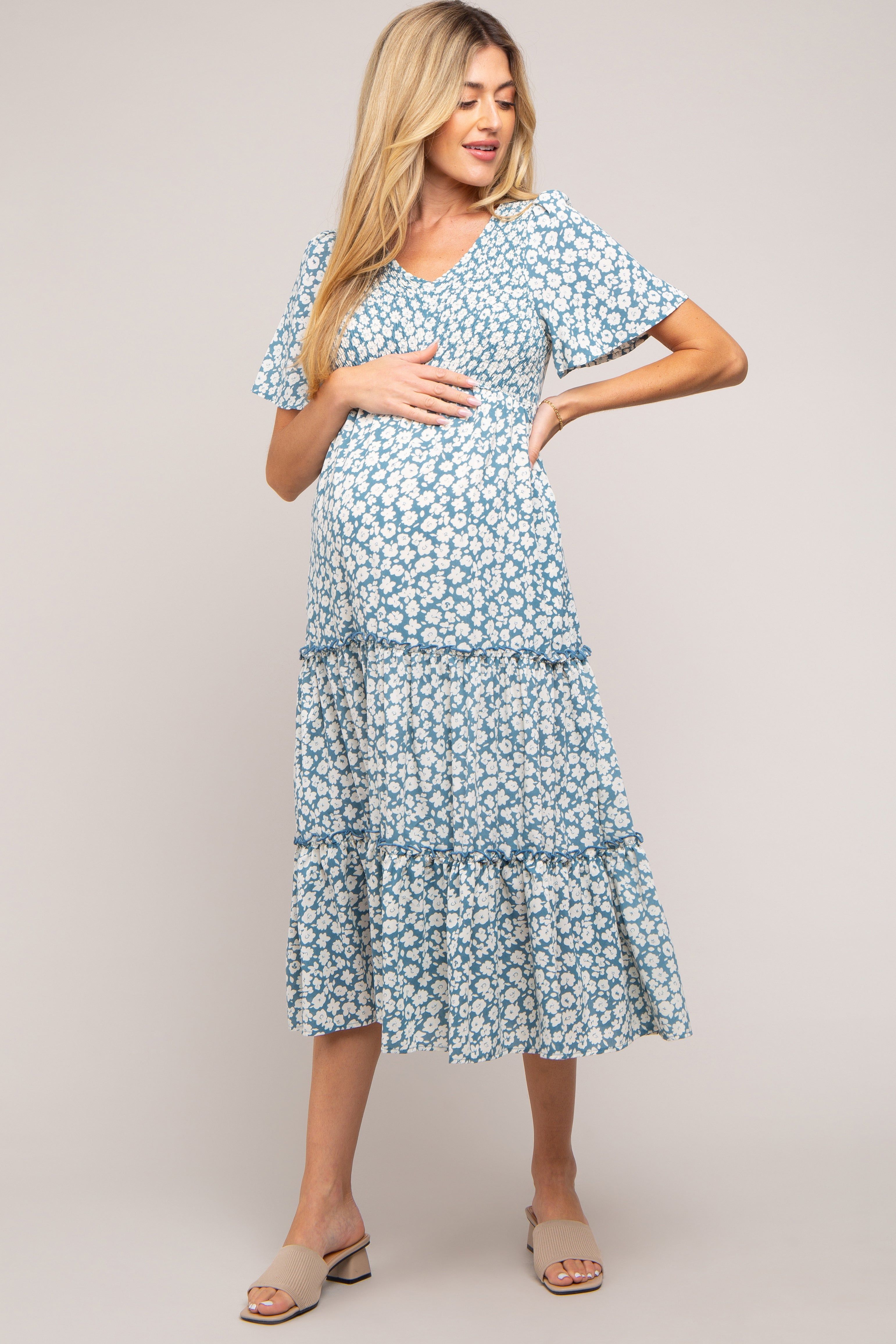 Light Blue Floral Tiered Maternity Midi Dress sold by Pinkblush