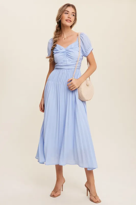 Light Blue Chiffon Ruched And Pleated Maxi Dress sold by Pinkblush