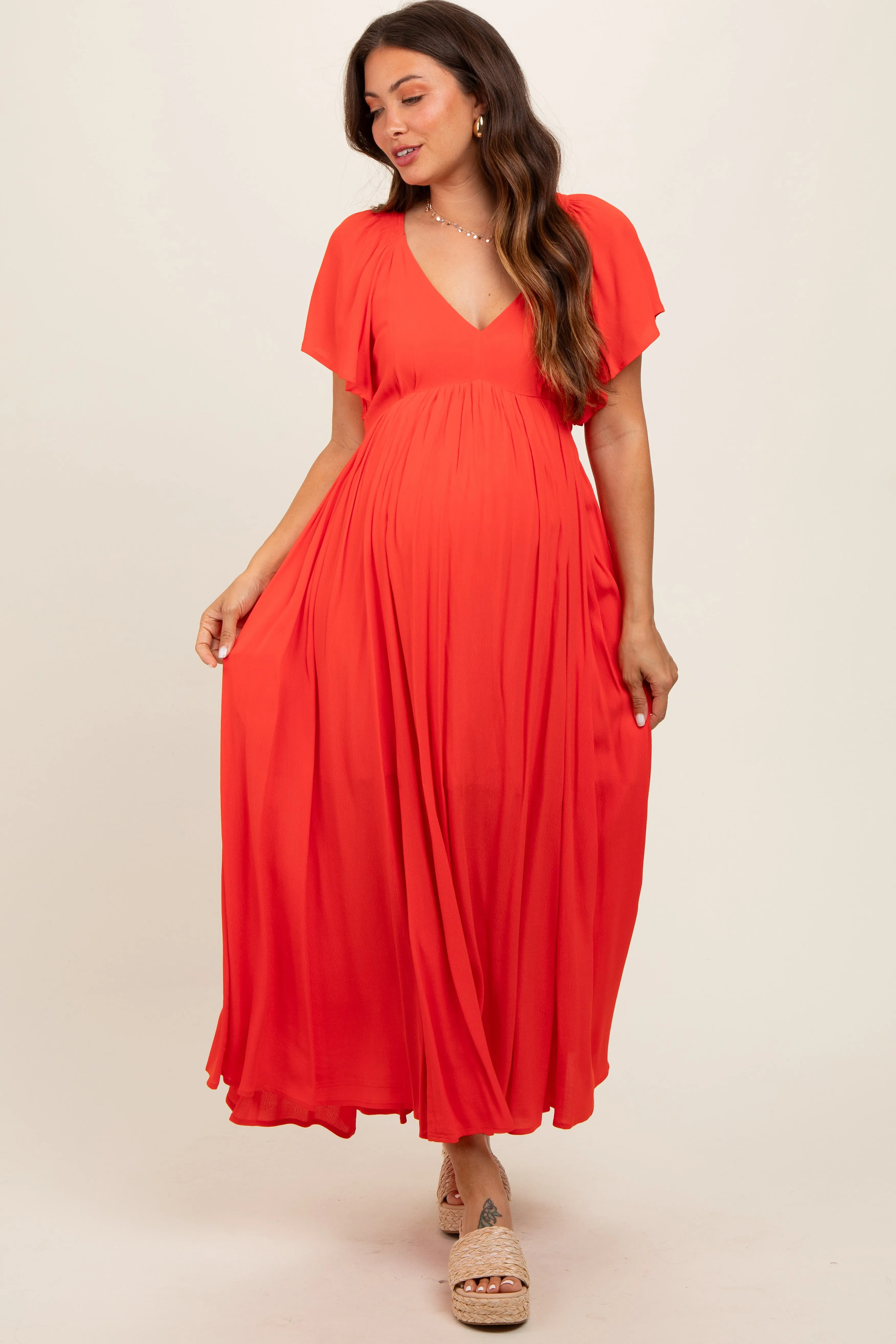 Coral V-Neck Flutter Short Sleeve Maternity Midi Dress sold by Pinkblush product image thumbnail 2