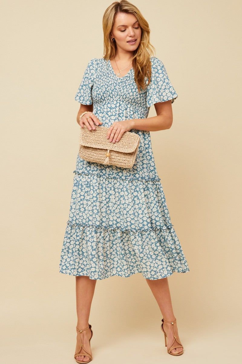 Light Blue Floral Tiered Maternity Midi Dress sold by Pinkblush product image thumbnail 5