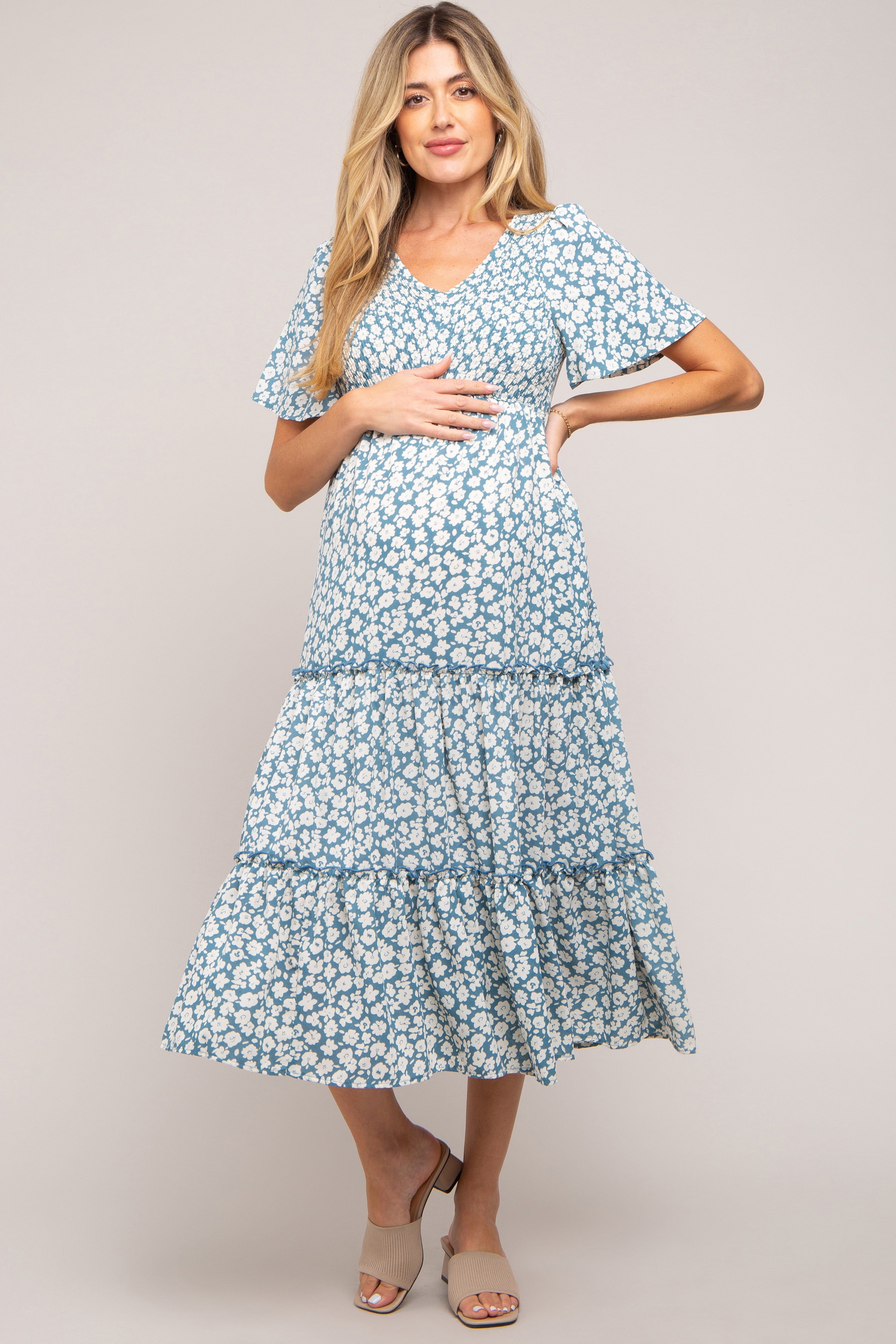 Light Blue Floral Tiered Maternity Midi Dress sold by Pinkblush product image thumbnail 2