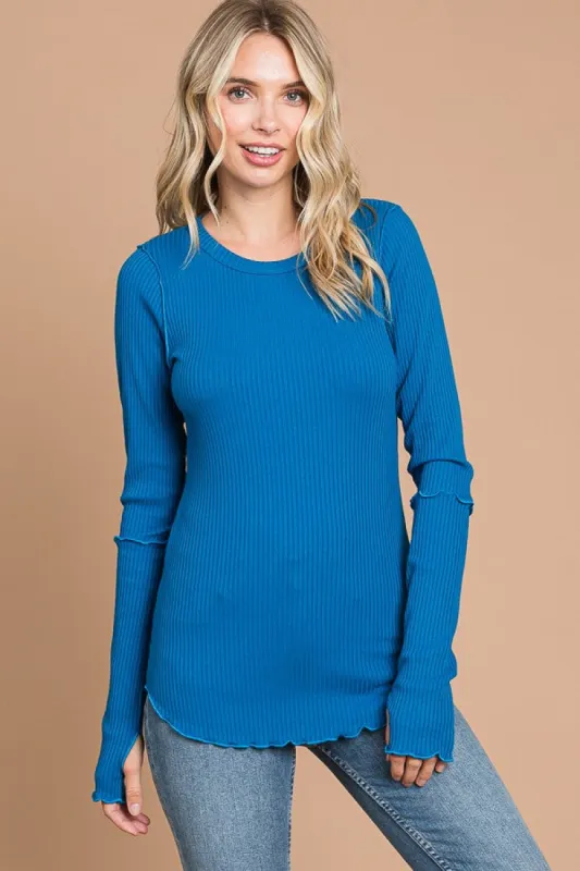 Blue Ribbed Long Sleeve Top sold by Pinkblush