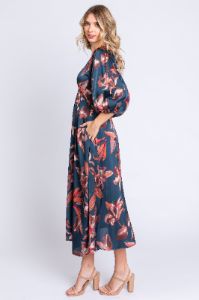 Navy Floral Satin Puff Sleeve Midi Dress sold by Pinkblush
