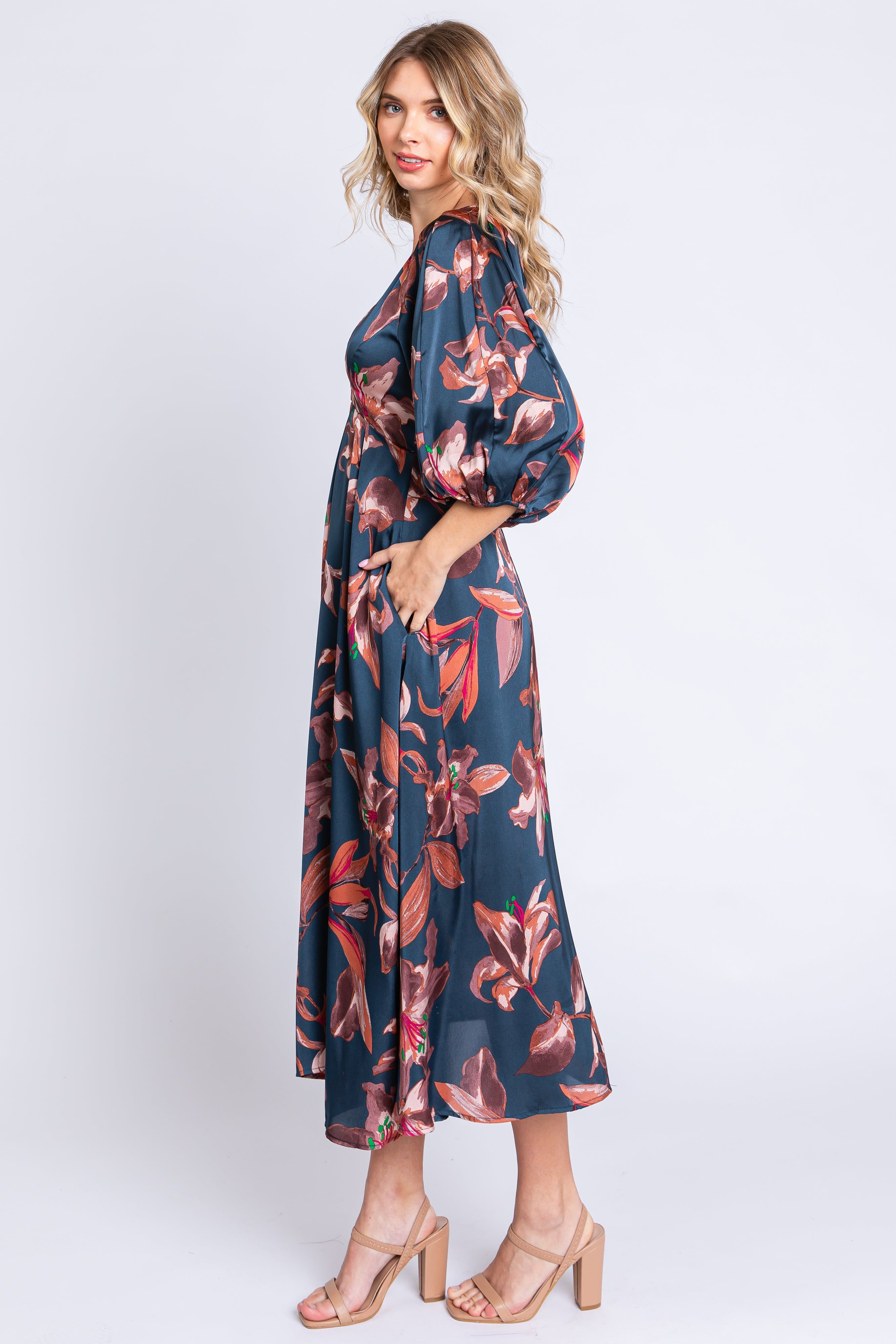 Navy Floral Satin Puff Sleeve Midi Dress sold by Pinkblush product image thumbnail 3