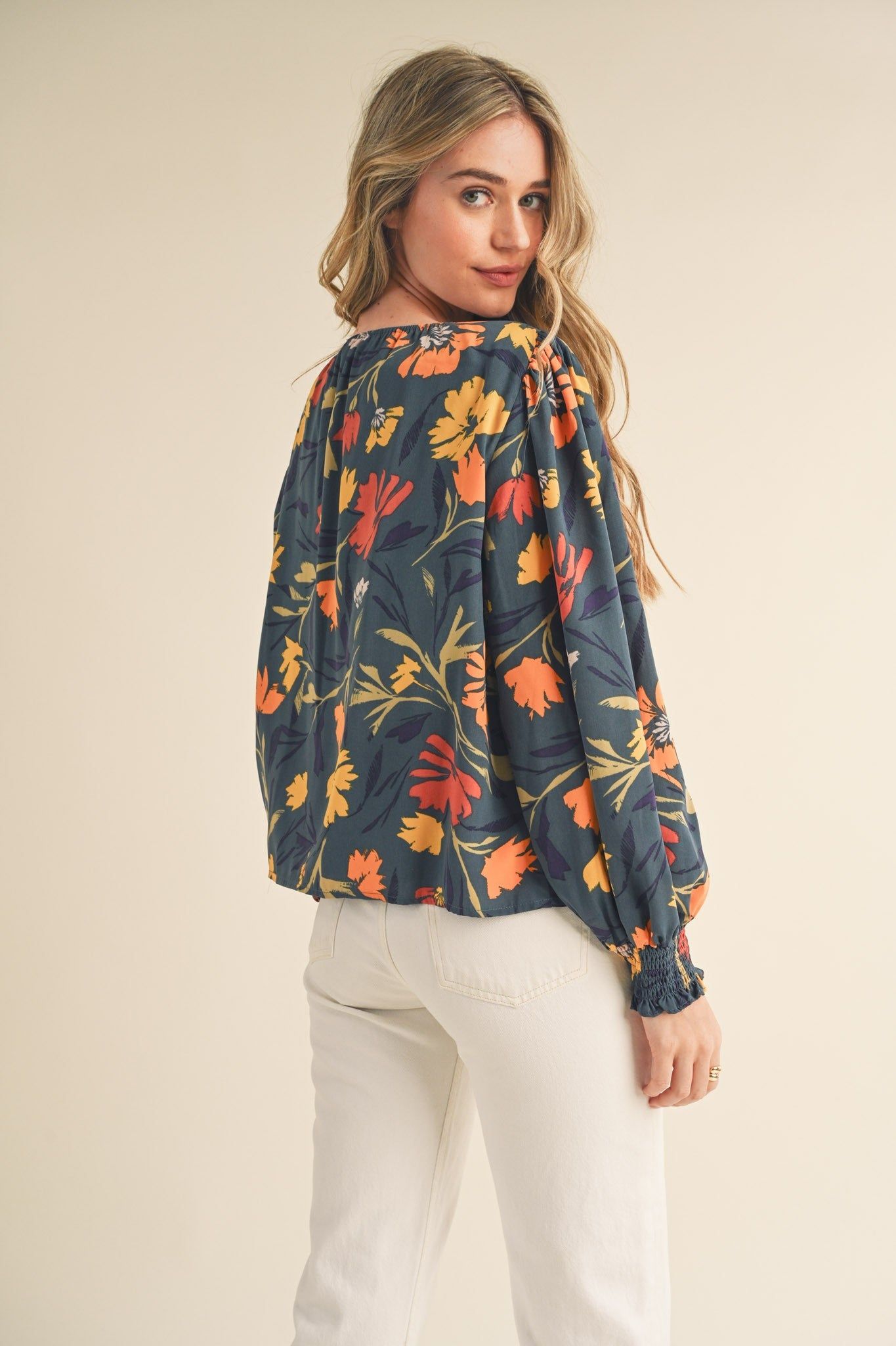 Navy Teal Floral Tie Front Puff Sleeve Blouse sold by Pinkblush product image thumbnail 3