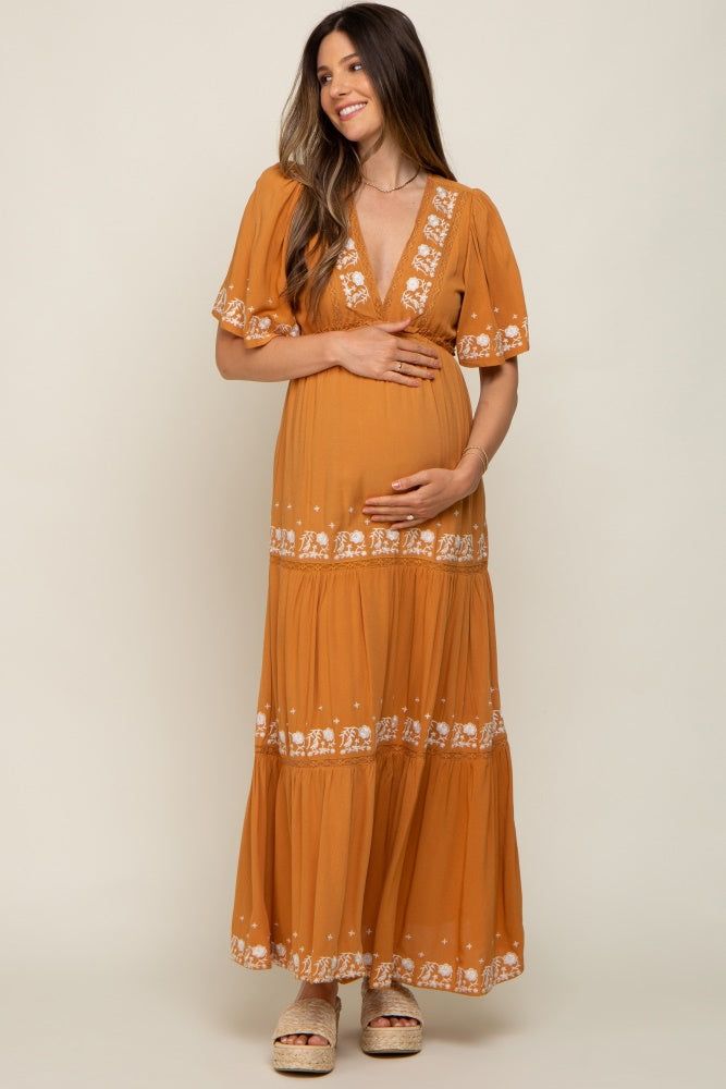 Camel Floral Embroidered Tiered Maternity Maxi Dress sold by Pinkblush product image thumbnail 5