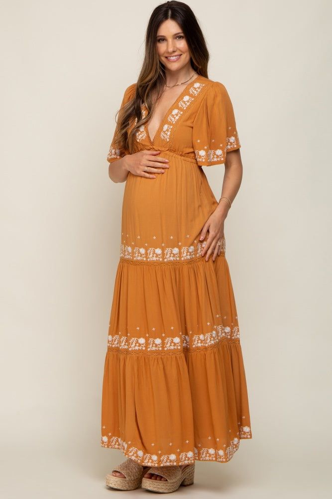 Camel Floral Embroidered Tiered Maternity Maxi Dress sold by Pinkblush product image thumbnail 2