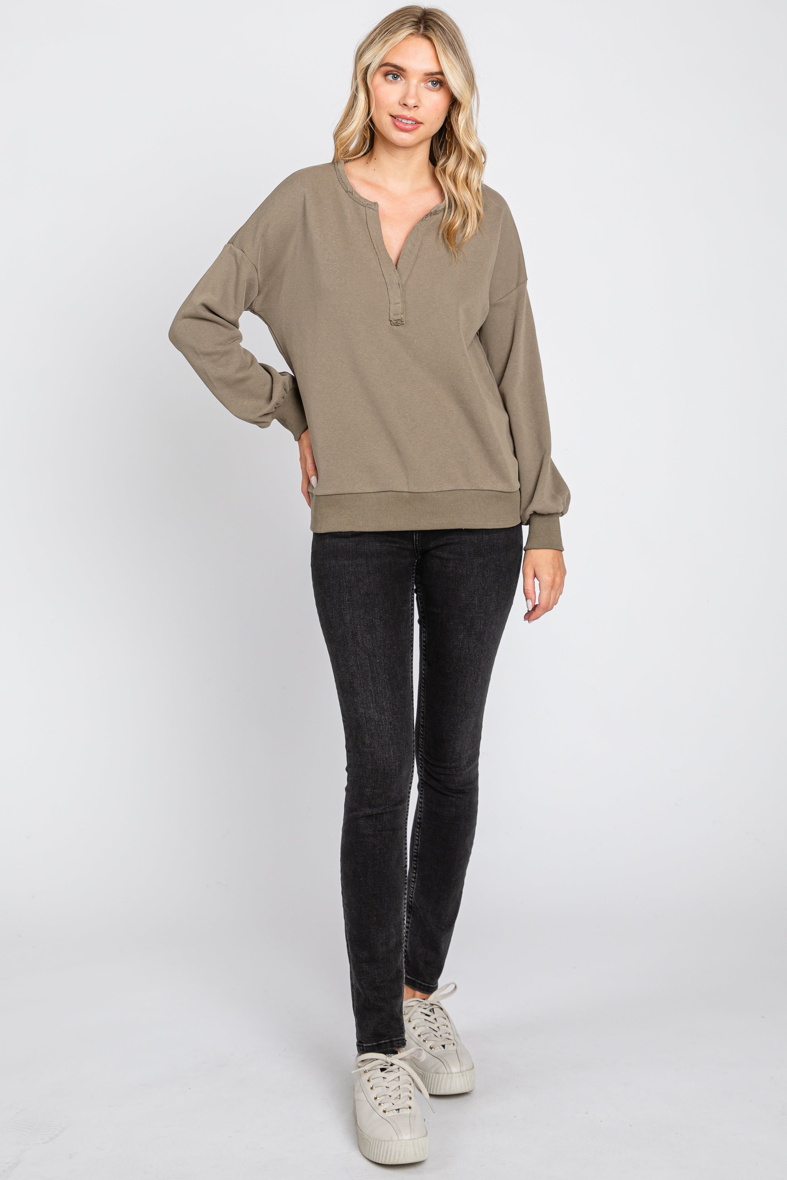 Taupe Split V-Neck Long Sleeve Sweatshirt sold by Pinkblush product image thumbnail 4