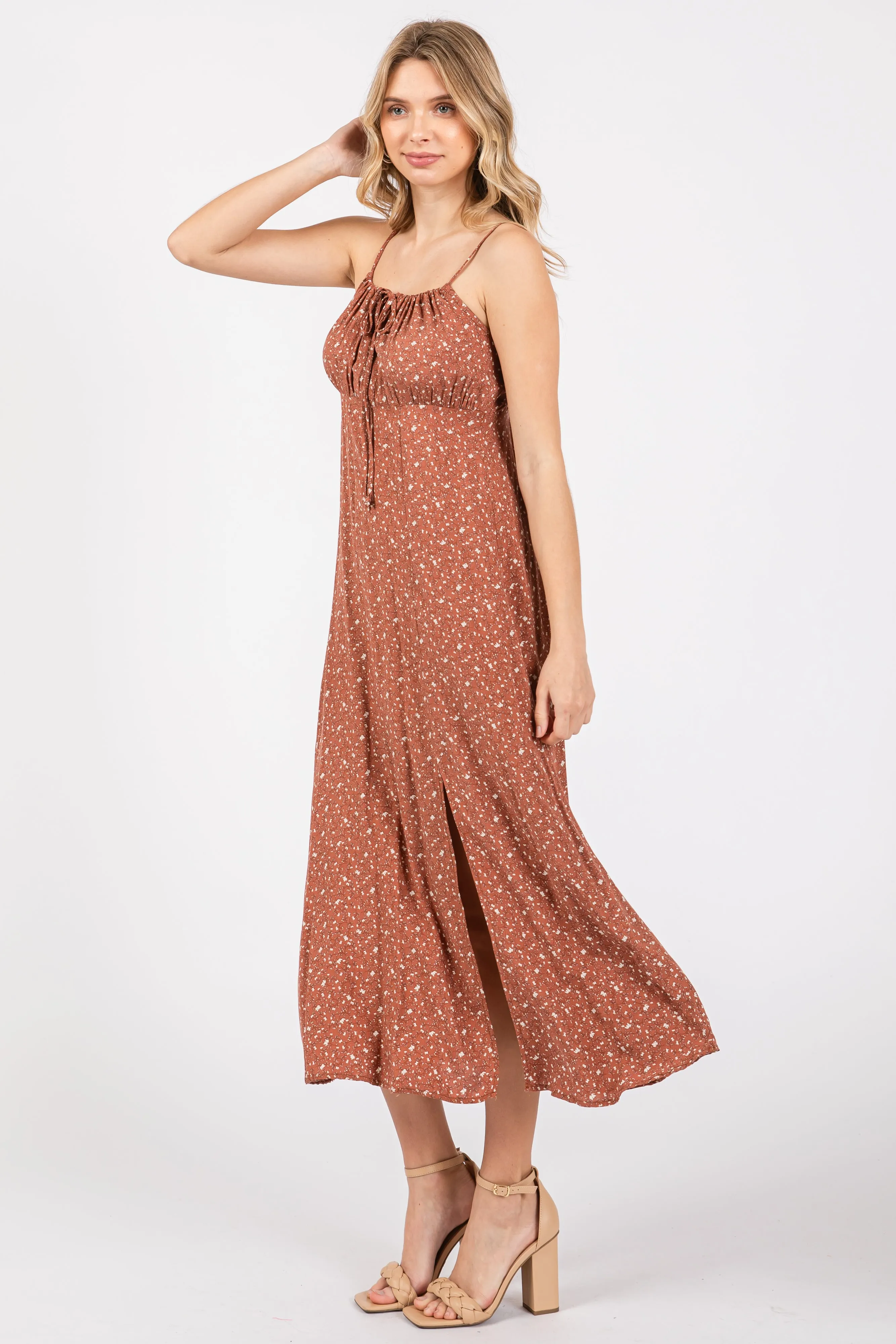 Rust Ditsy Floral Side Slit Midi Dress sold by Pinkblush product image thumbnail 2