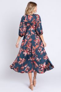 Navy Floral Satin Puff Sleeve Midi Dress sold by Pinkblush