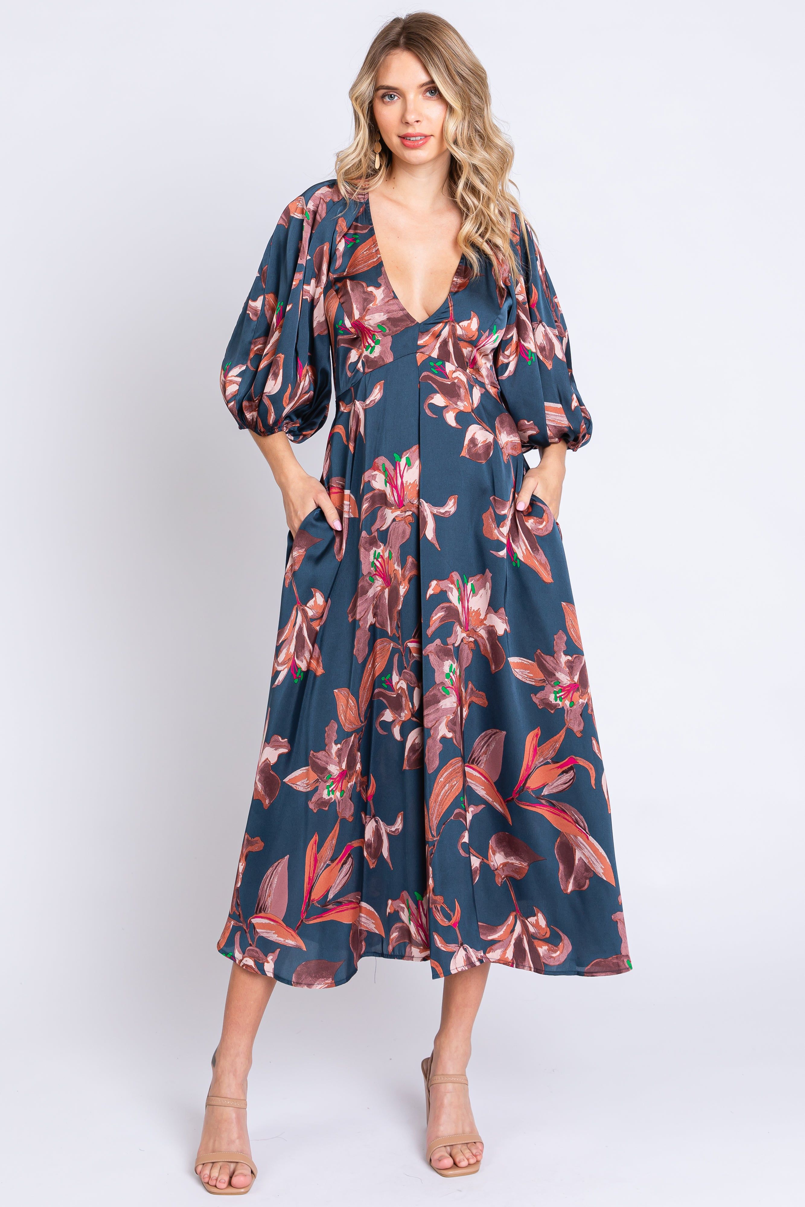 Navy Floral Satin Puff Sleeve Midi Dress sold by Pinkblush