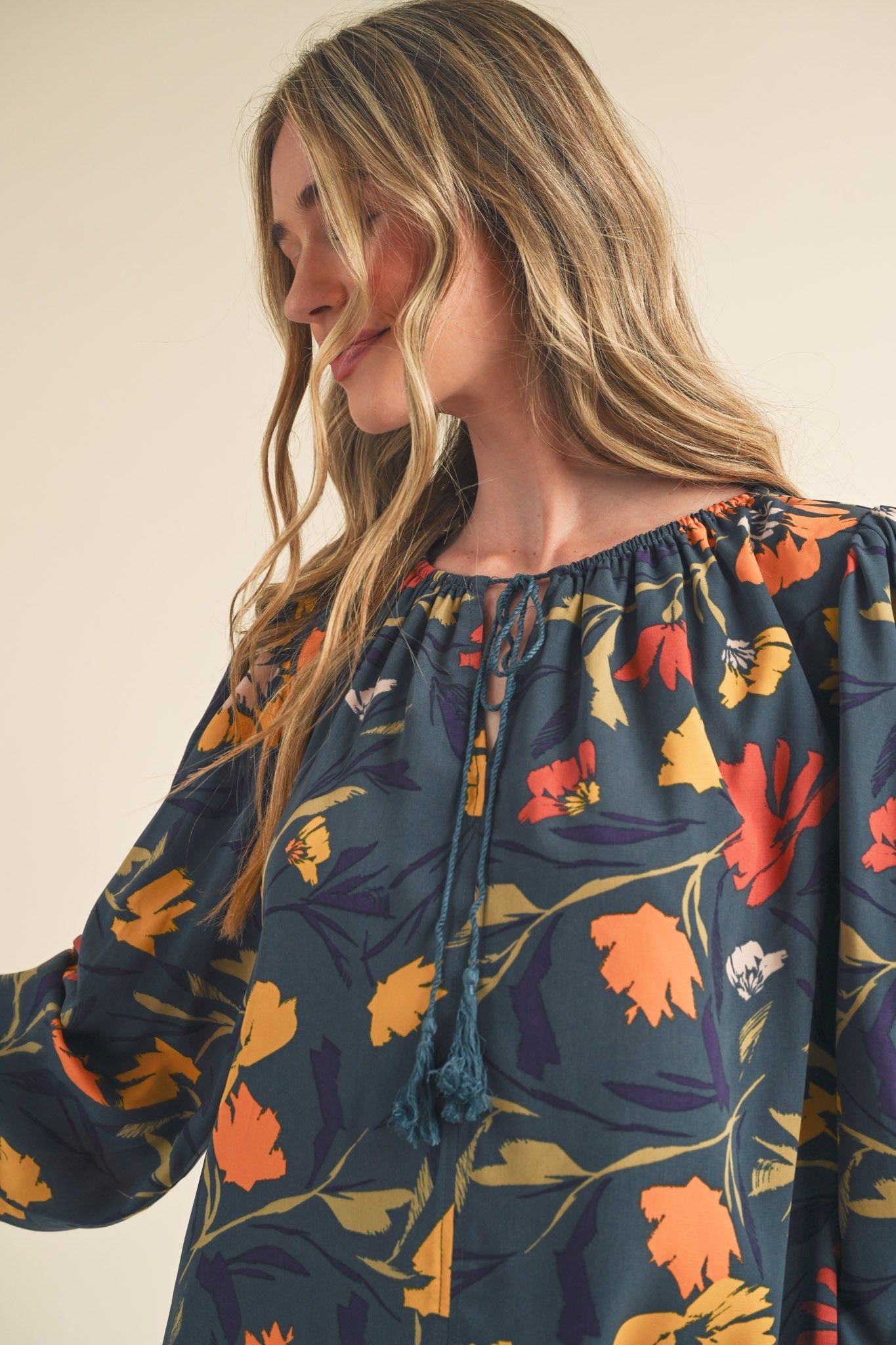 Navy Teal Floral Tie Front Puff Sleeve Blouse sold by Pinkblush product image thumbnail 4