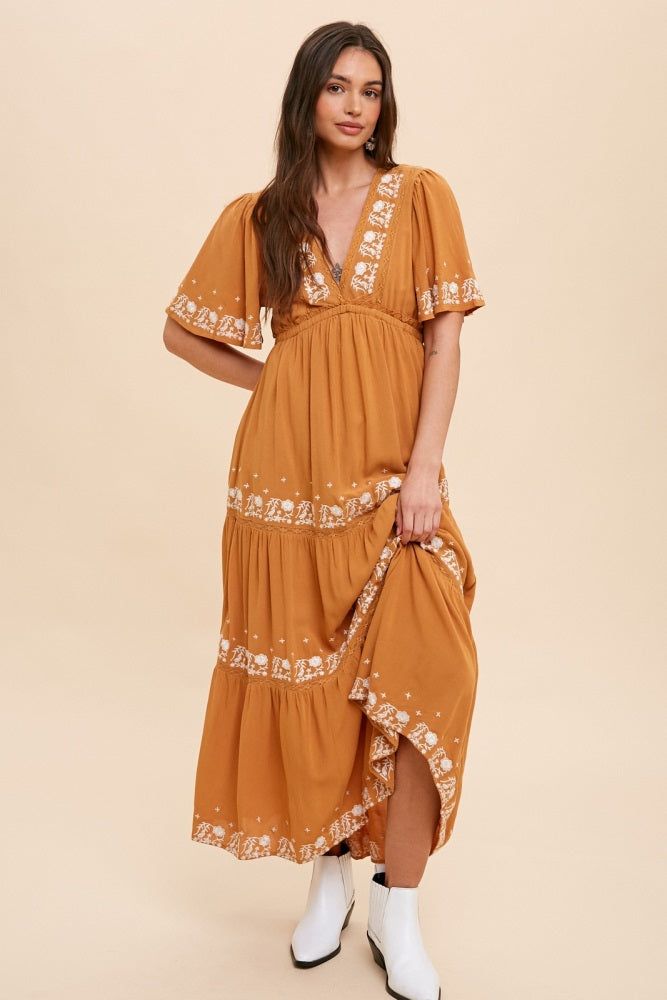 Camel Floral Embroidered Tiered Maternity Maxi Dress sold by Pinkblush product image thumbnail 6