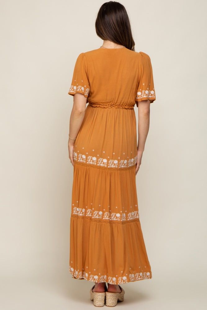 Camel Floral Embroidered Tiered Maternity Maxi Dress sold by Pinkblush product image thumbnail 3