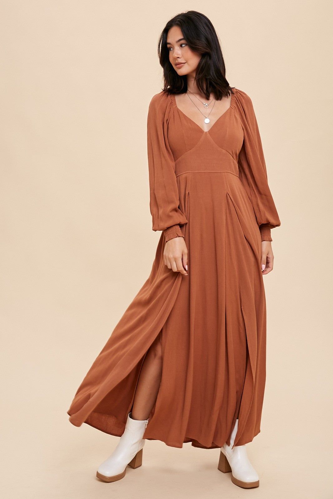 Camel Flared Maxi Dress sold by Pinkblush