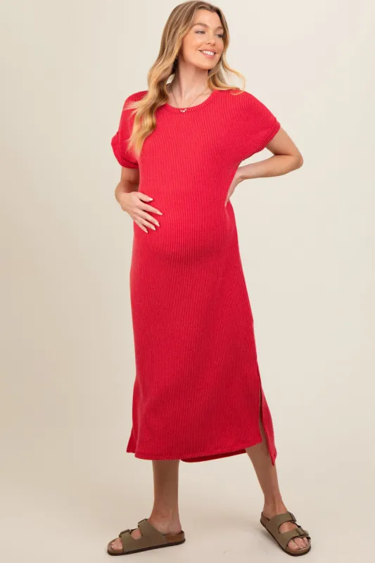 Red Ribbed Short Sleeve Maternity Midi Dress sold by Pinkblush