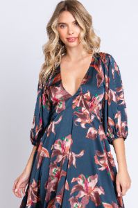 Navy Floral Satin Puff Sleeve Midi Dress sold by Pinkblush
