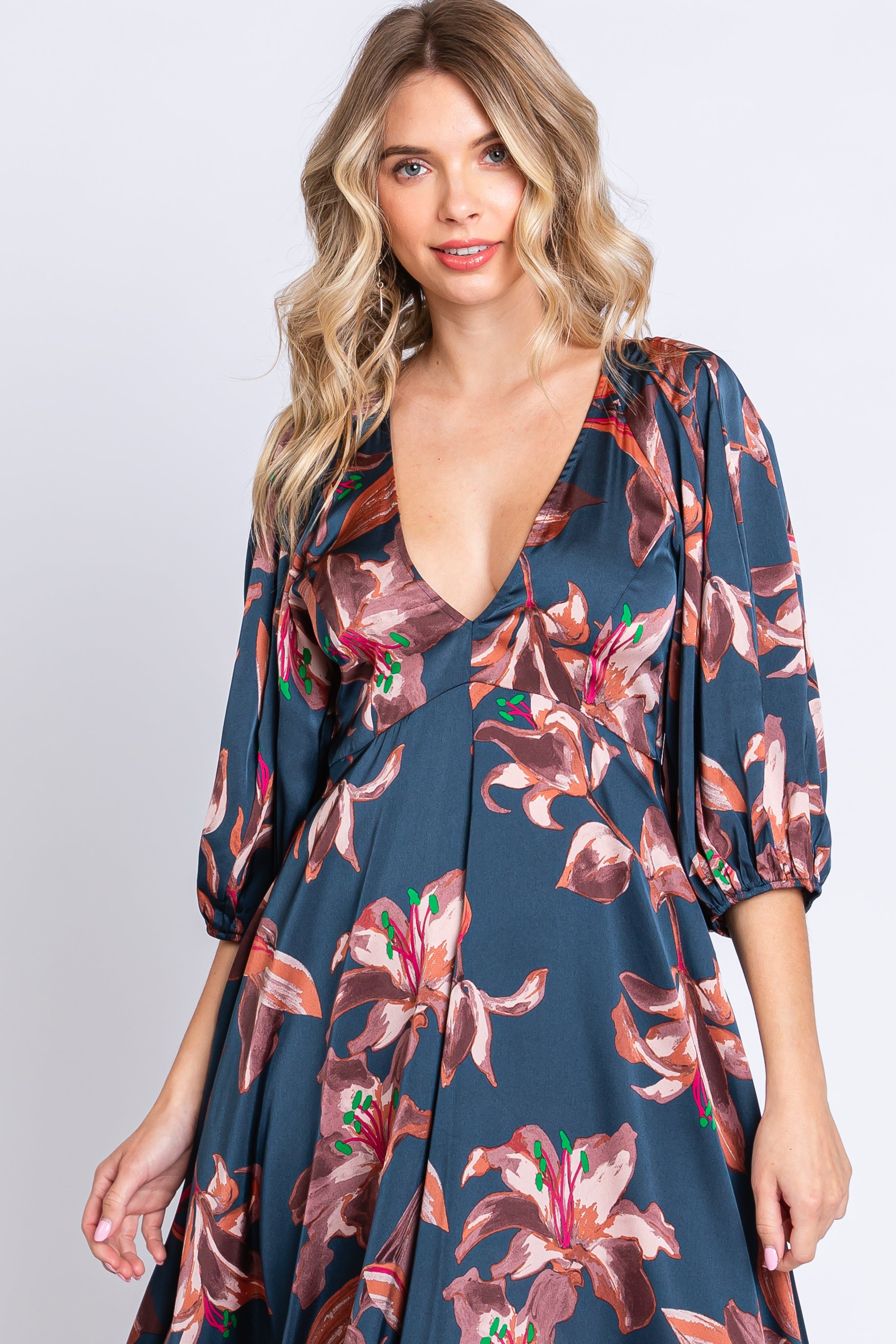 Navy Floral Satin Puff Sleeve Midi Dress sold by Pinkblush product image thumbnail 5