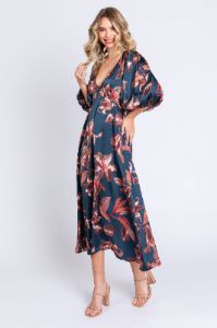 Navy Floral Satin Puff Sleeve Midi Dress sold by Pinkblush