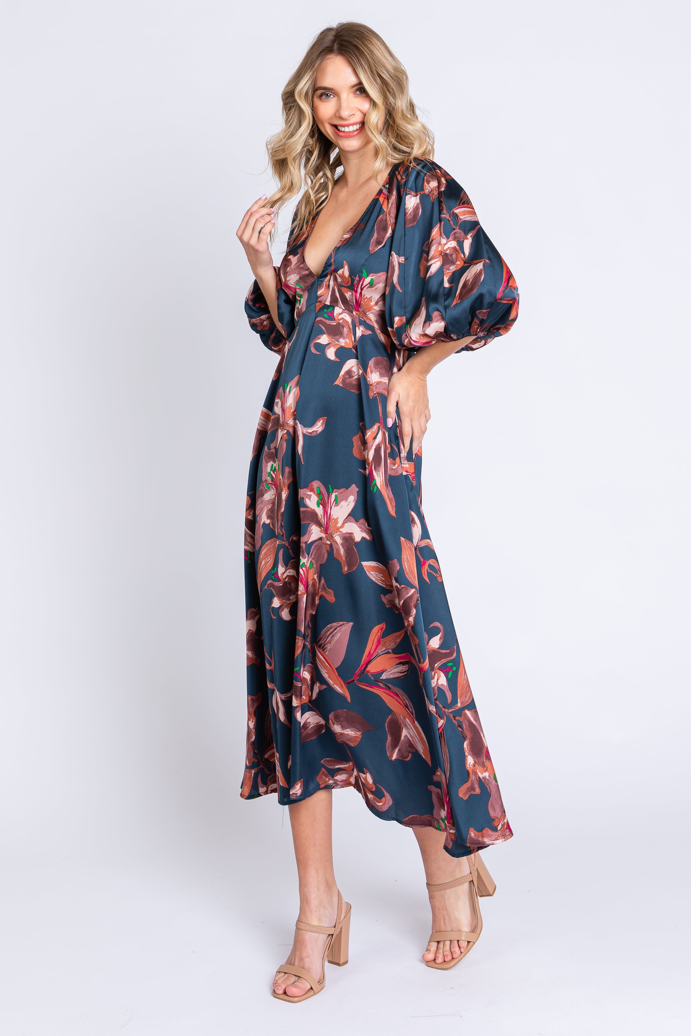 Navy Floral Satin Puff Sleeve Midi Dress sold by Pinkblush product image thumbnail 2