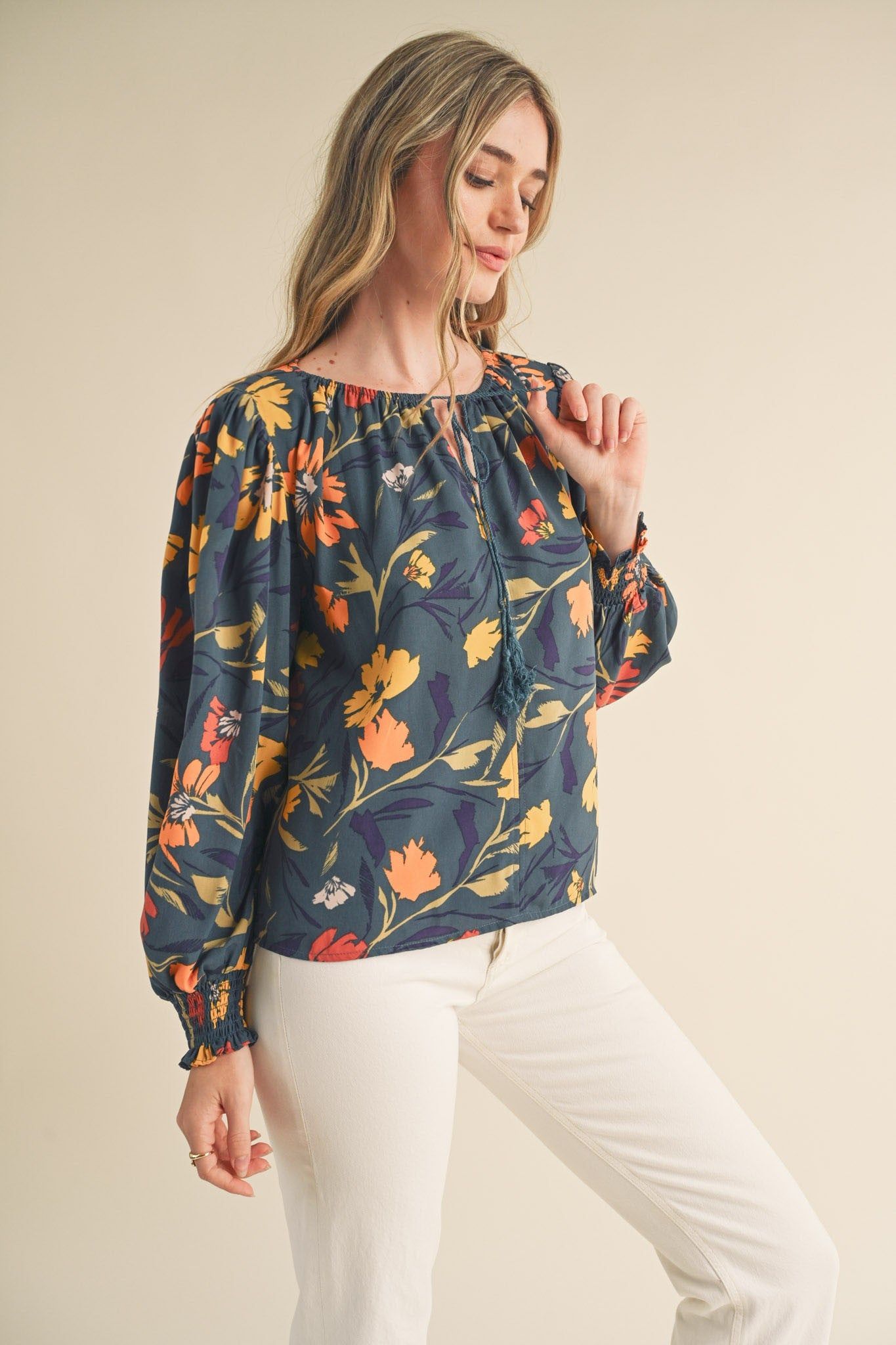Navy Teal Floral Tie Front Puff Sleeve Blouse sold by Pinkblush product image thumbnail 2