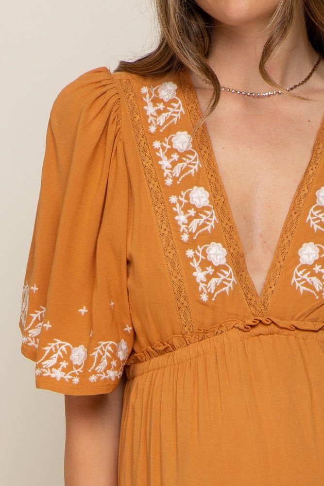 Camel Floral Embroidered Tiered Maternity Maxi Dress sold by Pinkblush product image thumbnail 4