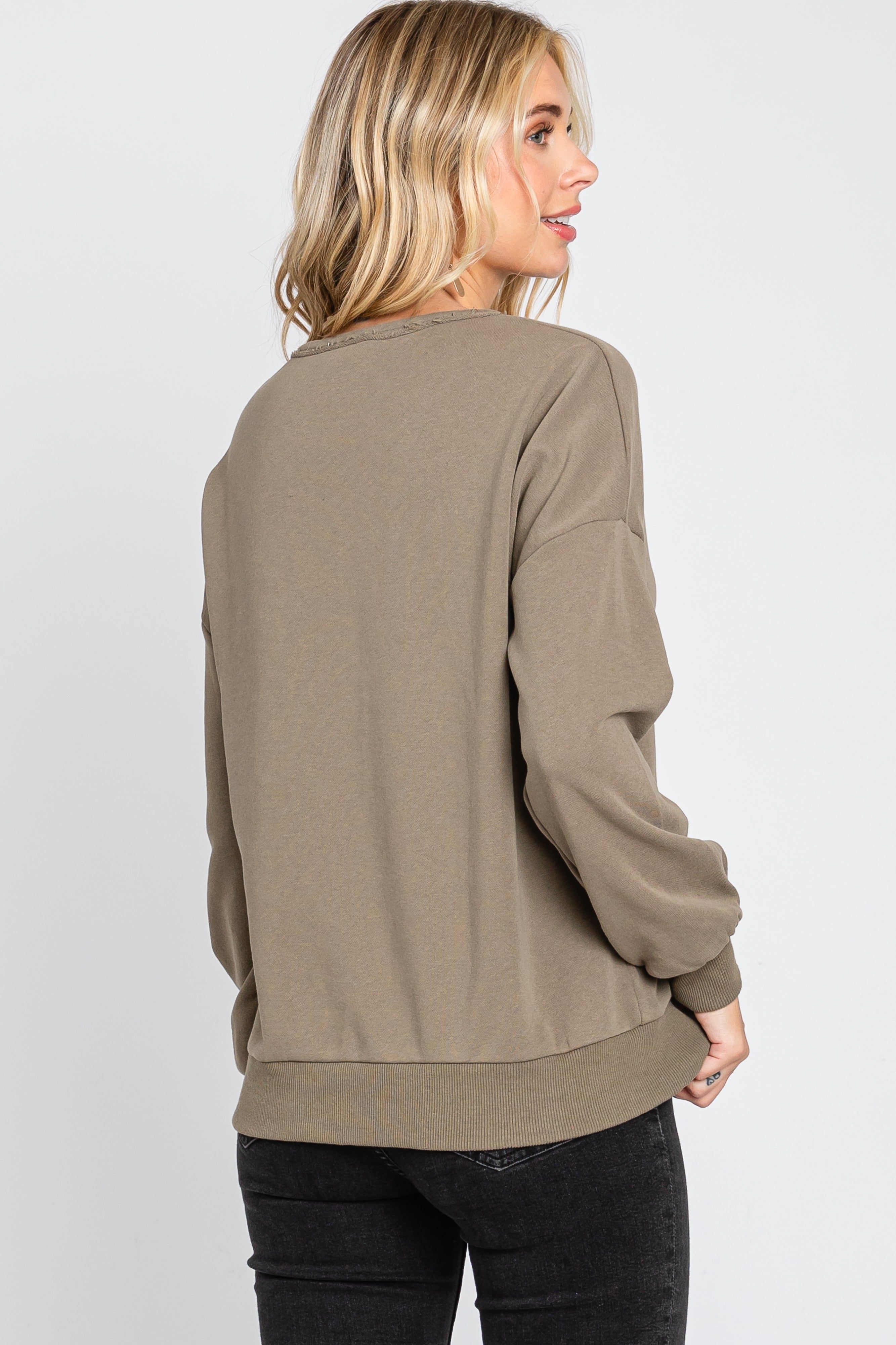 Taupe Split V-Neck Long Sleeve Sweatshirt sold by Pinkblush product image thumbnail 3