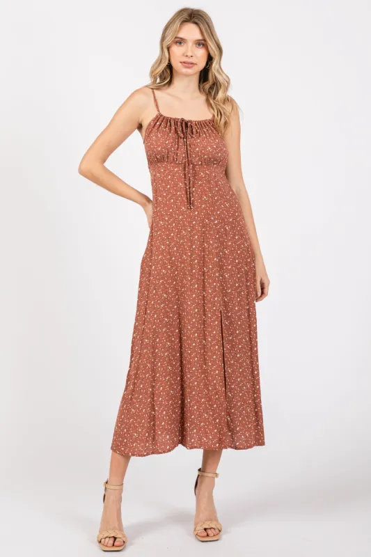 Rust Ditsy Floral Side Slit Midi Dress sold by Pinkblush