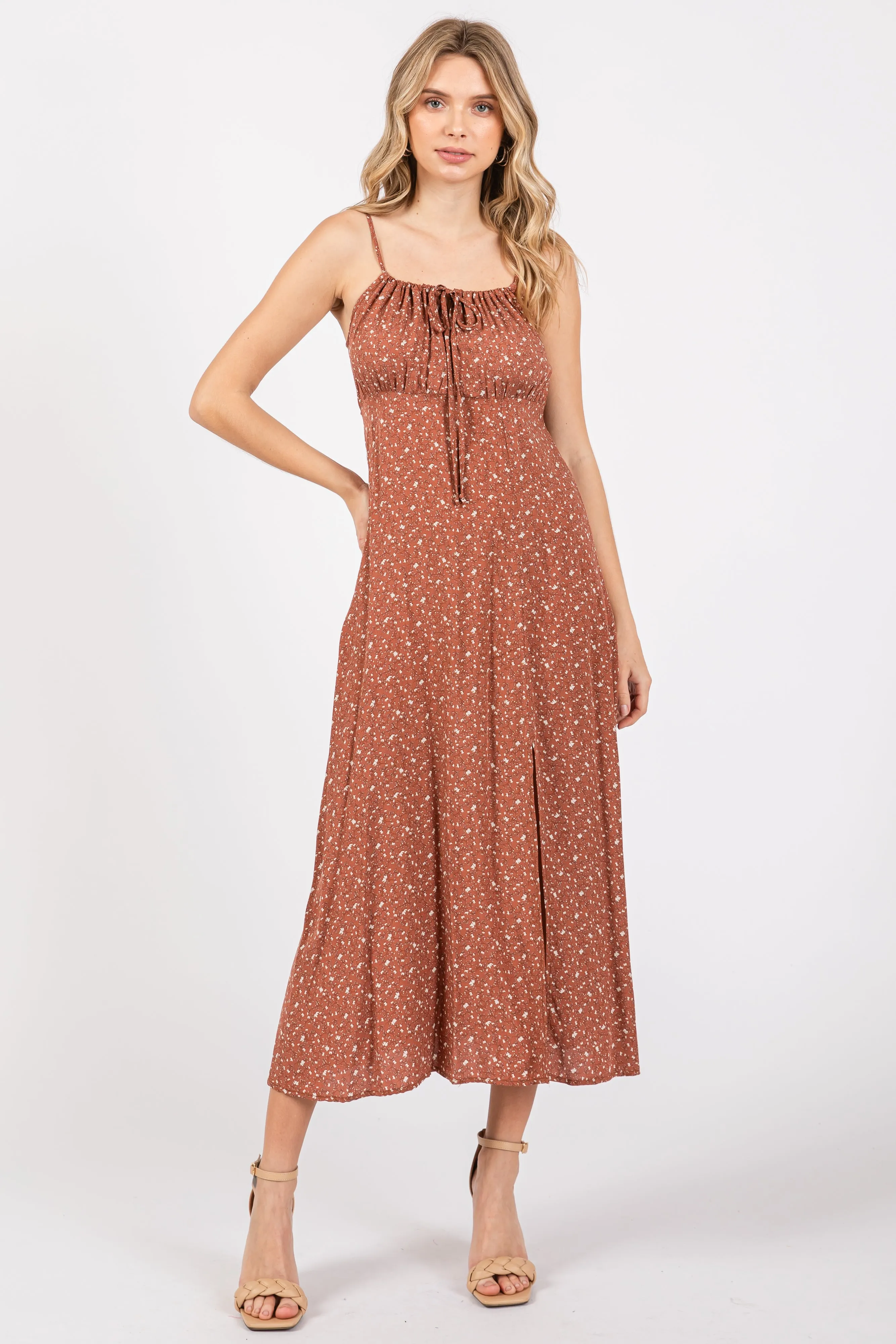 Rust Ditsy Floral Side Slit Midi Dress sold by Pinkblush