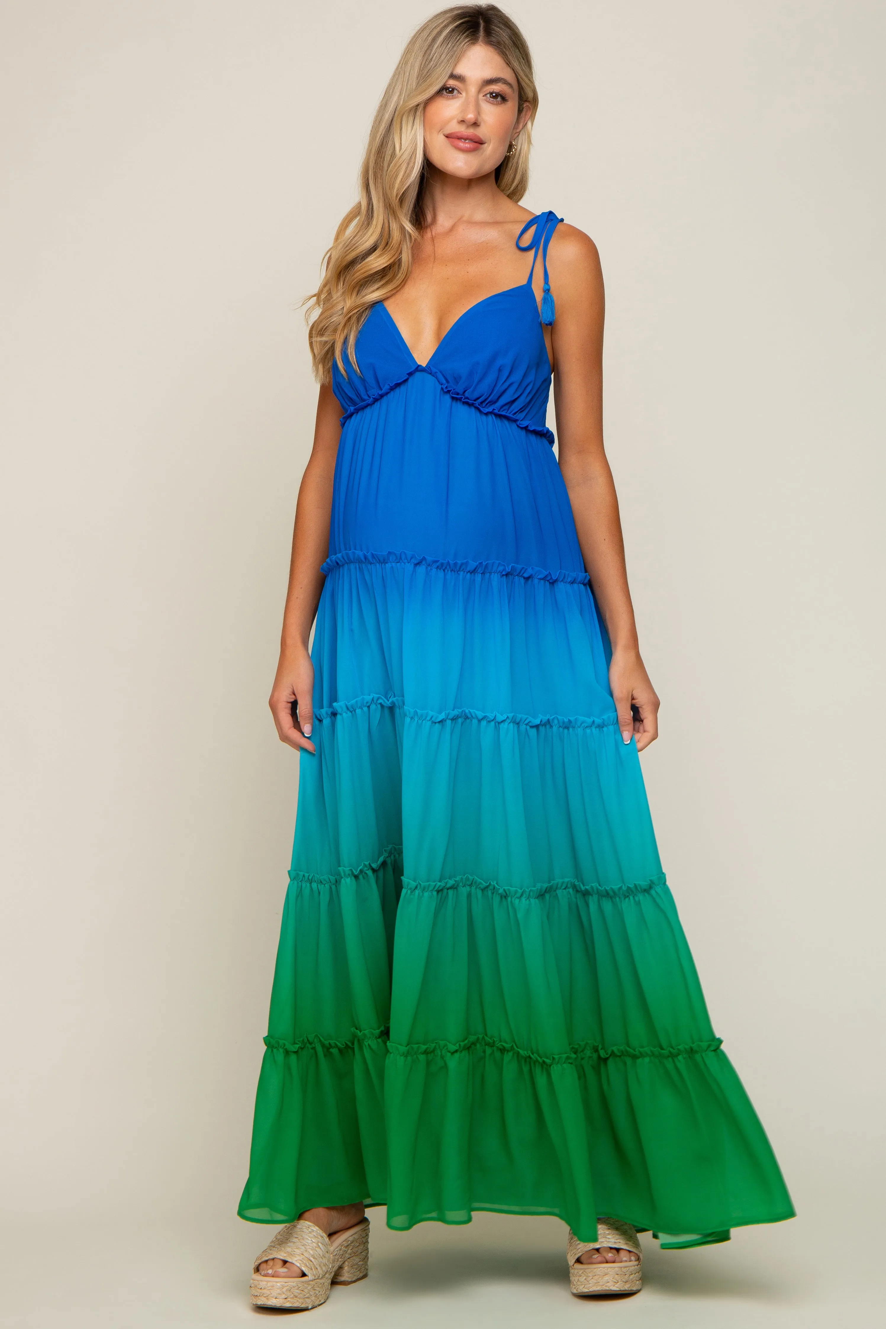 Blue Ombre Chiffon Shoulder Tie Tiered Maternity Maxi Dress sold by Pinkblush product image thumbnail 4