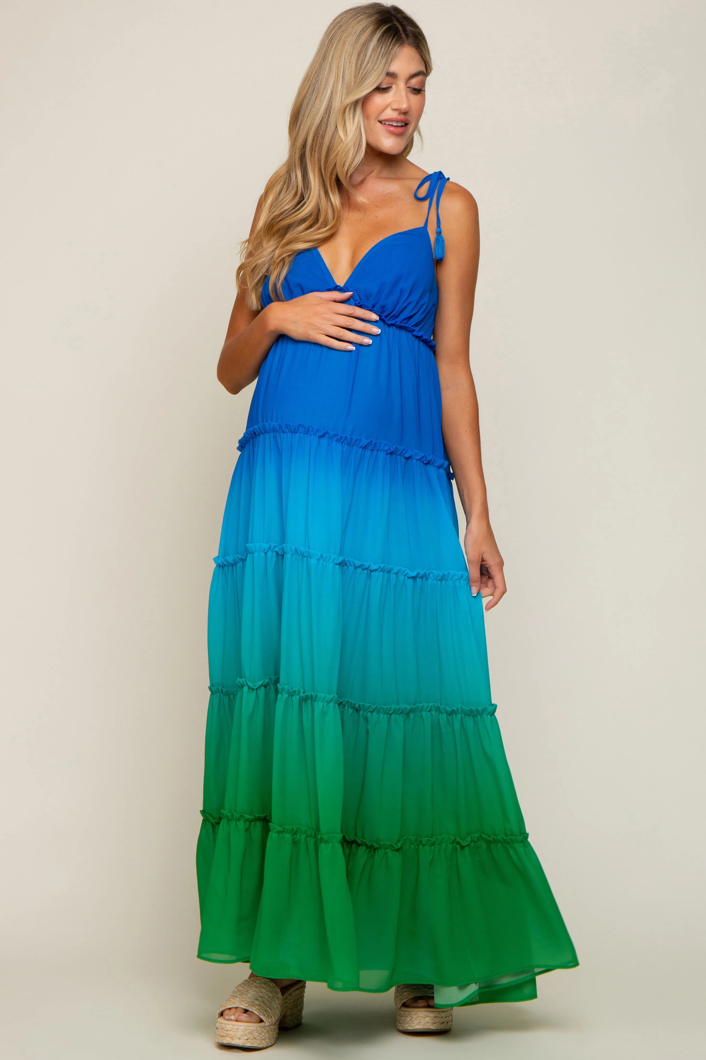 Blue Ombre Chiffon Shoulder Tie Tiered Maternity Maxi Dress sold by Pinkblush