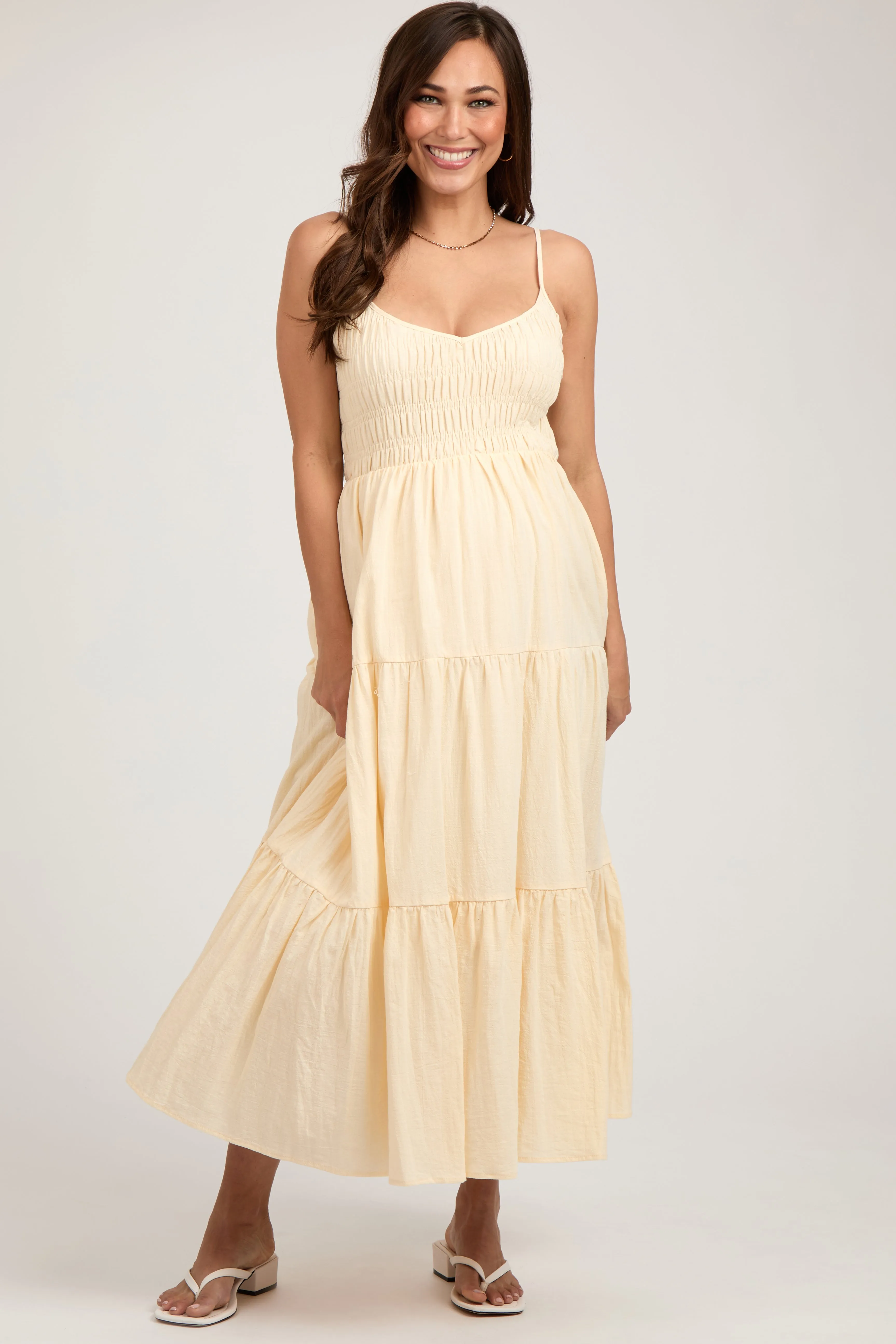 Cream Smocked V-Neck Sleeveless Tiered Maternity Midi Dress sold by Pinkblush product image thumbnail 2