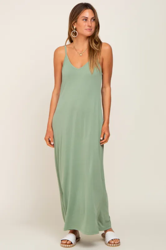 Light Olive Sleeveless V-Neck Maxi Dress sold by Pinkblush