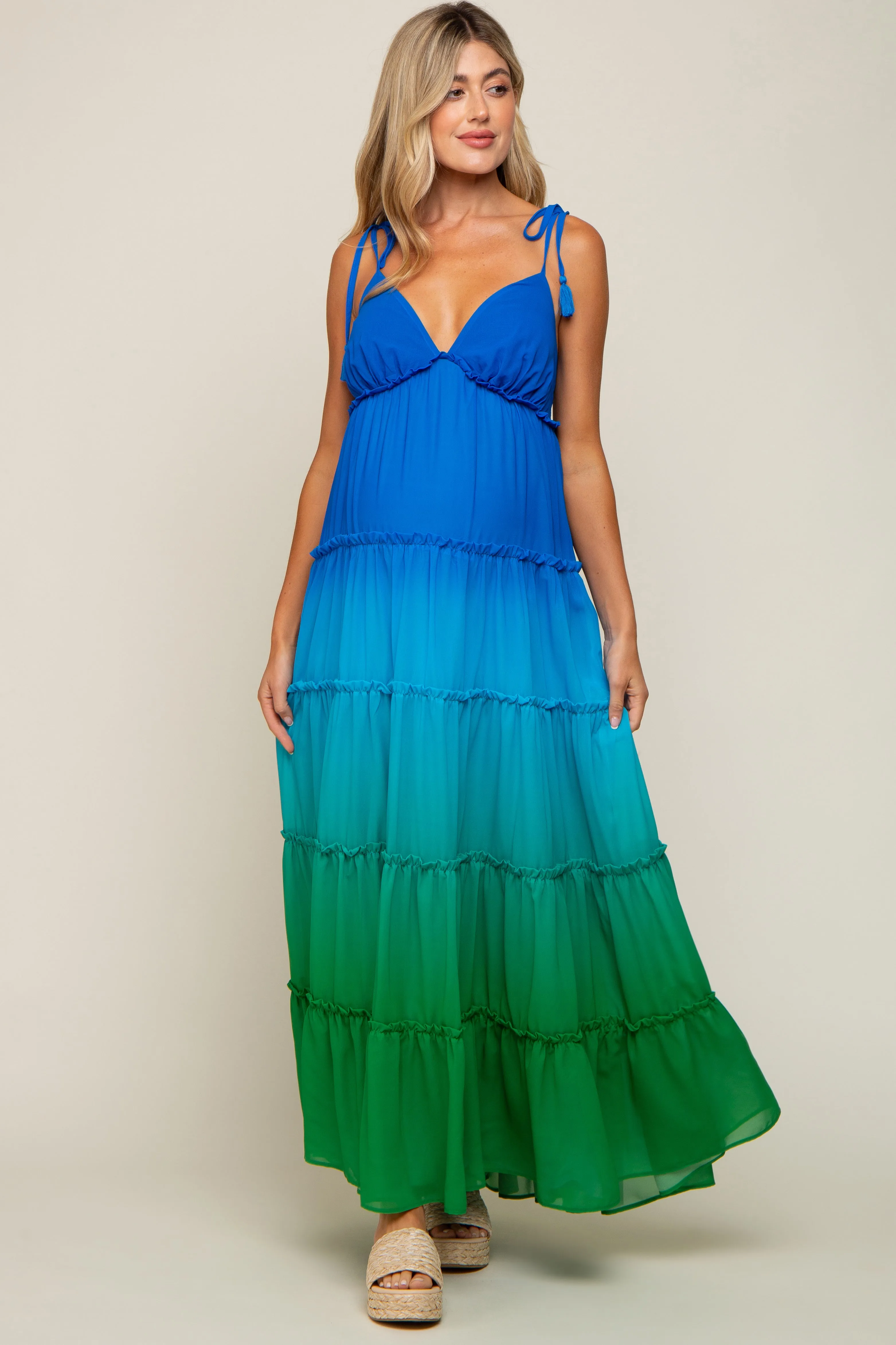 Blue Ombre Chiffon Shoulder Tie Tiered Maternity Maxi Dress sold by Pinkblush product image thumbnail 5