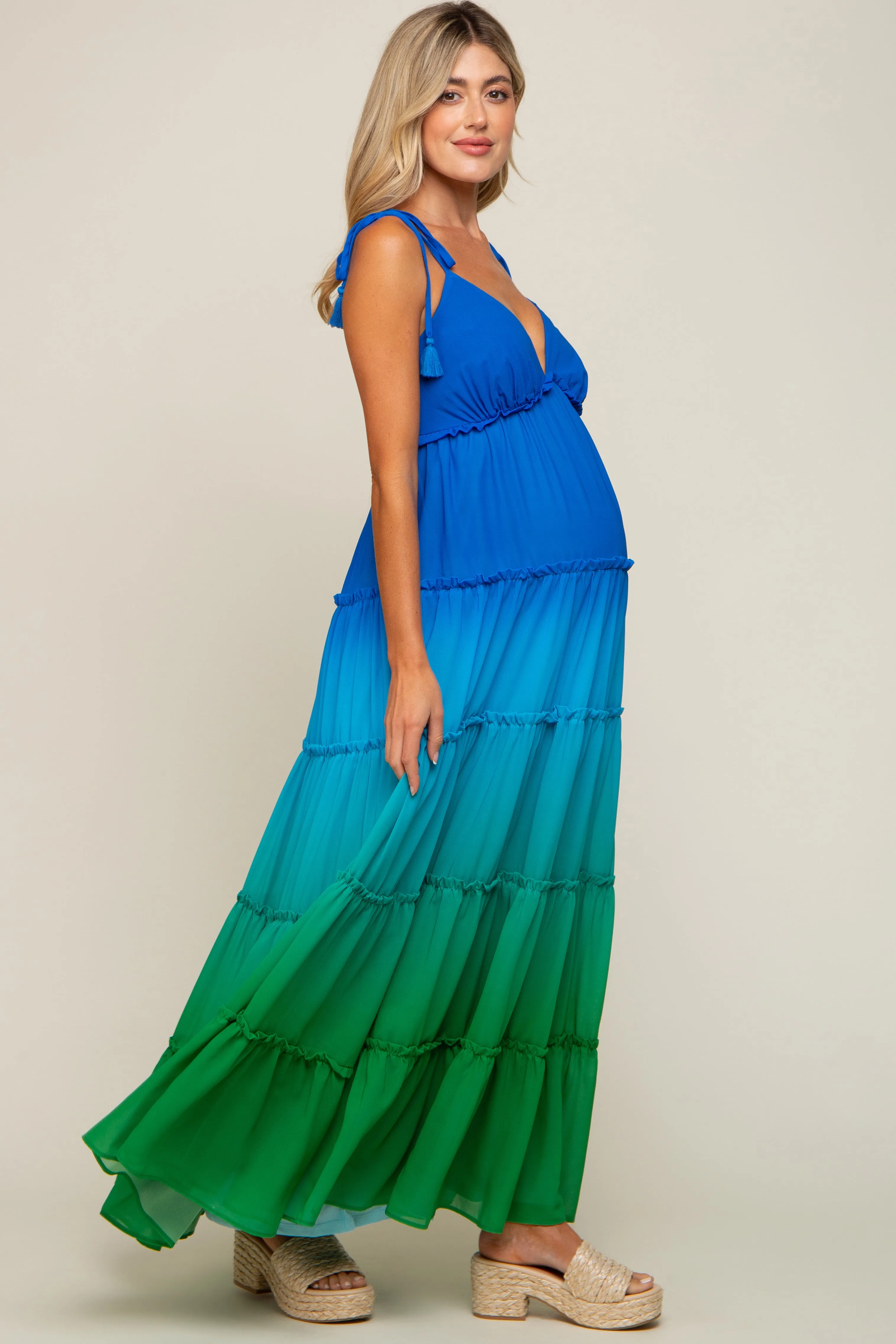 Blue Ombre Chiffon Shoulder Tie Tiered Maternity Maxi Dress sold by Pinkblush product image thumbnail 2