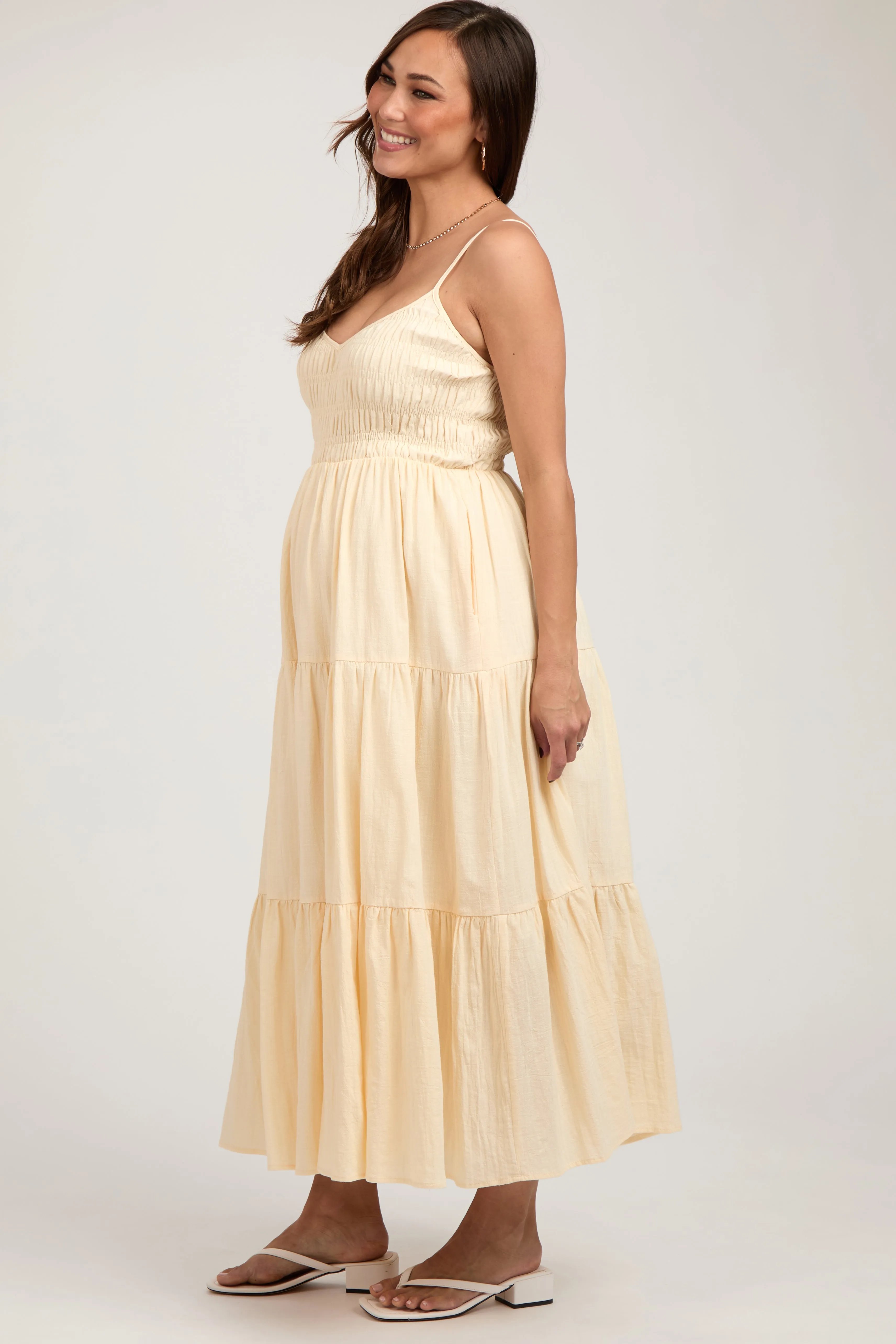 Cream Smocked V-Neck Sleeveless Tiered Maternity Midi Dress sold by Pinkblush product image thumbnail 3