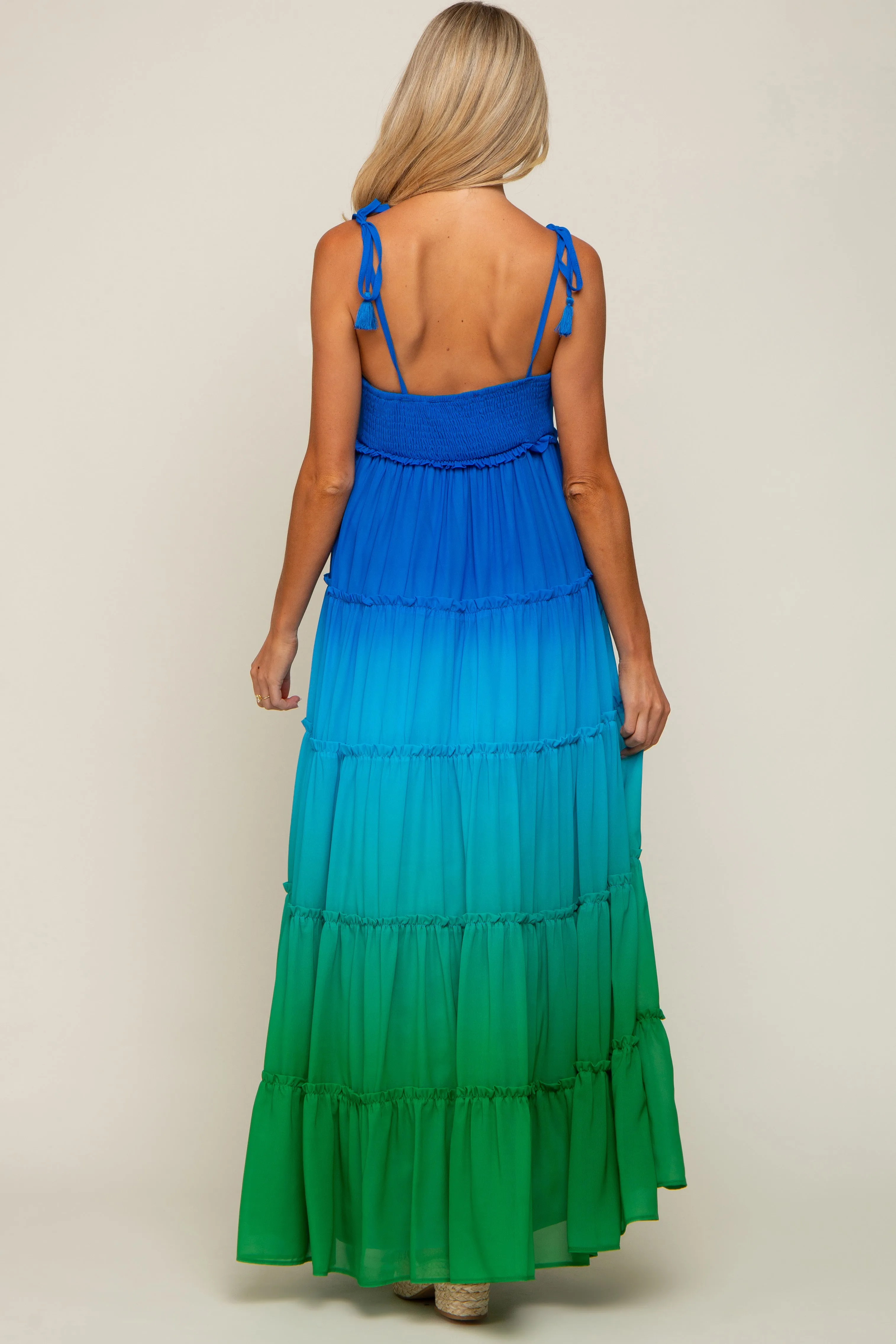 Blue Ombre Chiffon Shoulder Tie Tiered Maternity Maxi Dress sold by Pinkblush product image thumbnail 3