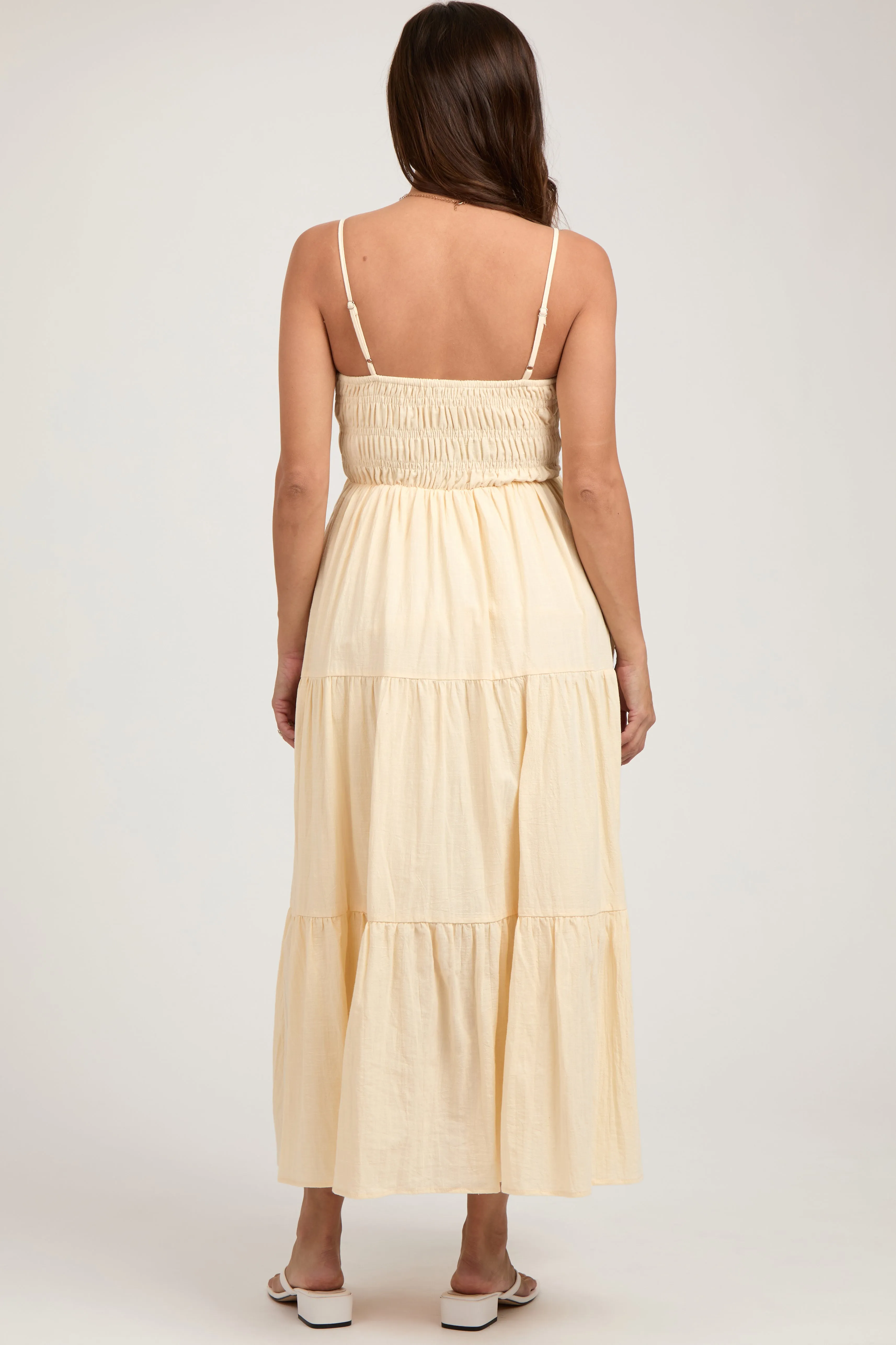 Cream Smocked V-Neck Sleeveless Tiered Maternity Midi Dress sold by Pinkblush product image thumbnail 4