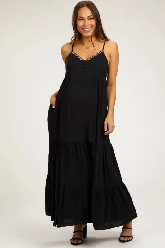Black Scalloped Embroidered Neckline Maternity Maxi Dress sold by Pinkblush