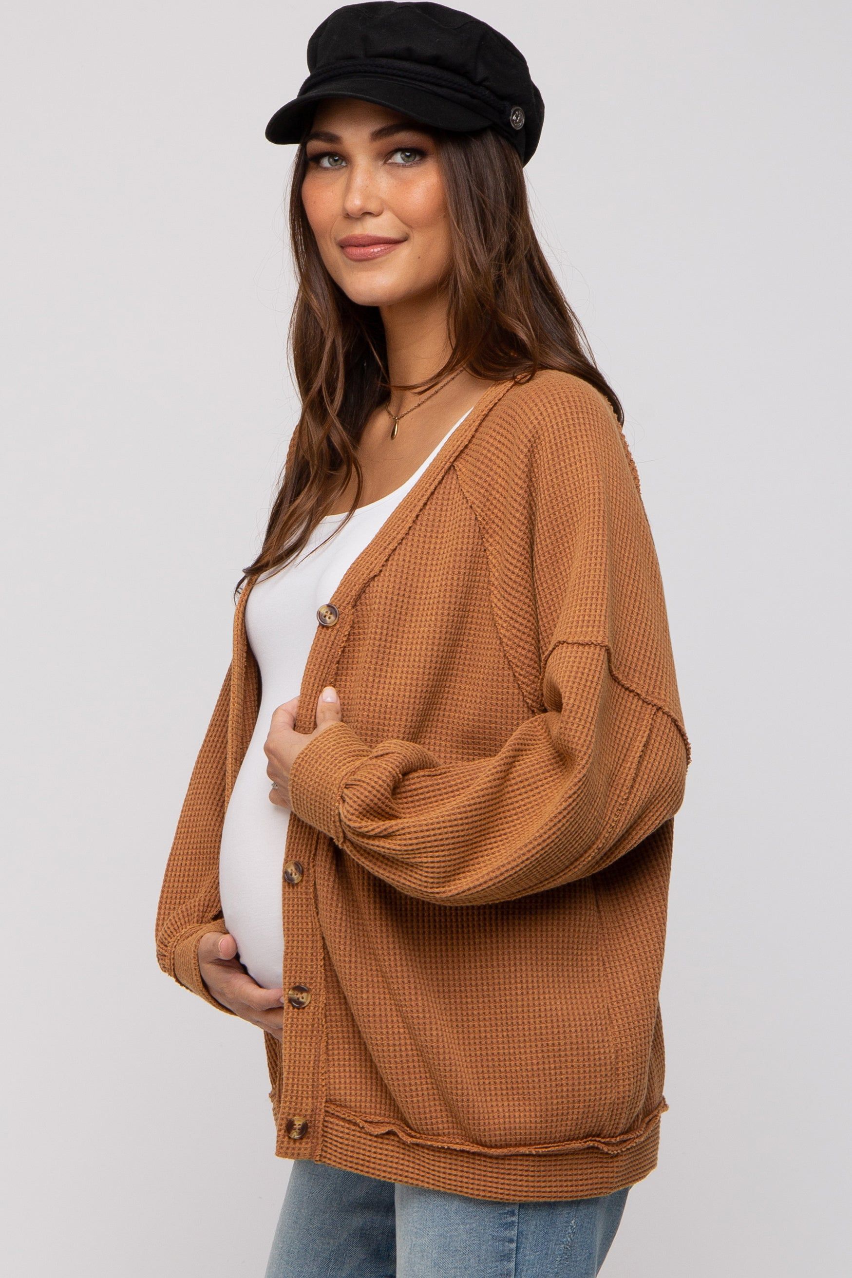 Camel Waffle Knit Button Long Sleeve Maternity Top sold by Pinkblush product image thumbnail 2