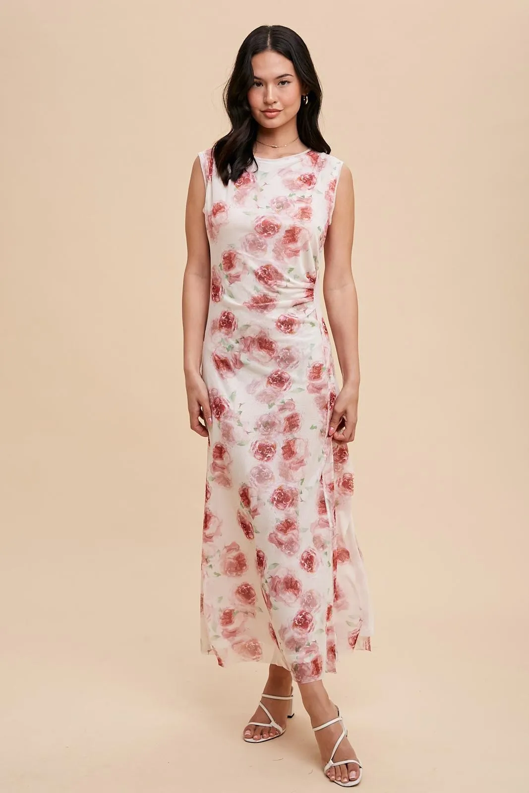 Cream Rose Print Ruched Mesh Dress sold by Pinkblush product image thumbnail 2