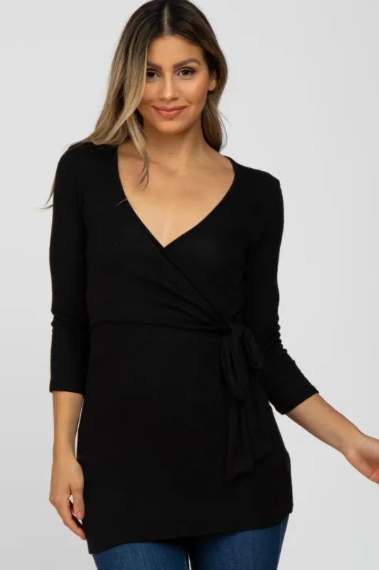 Black Brushed Knit Wrap Top sold by Pinkblush