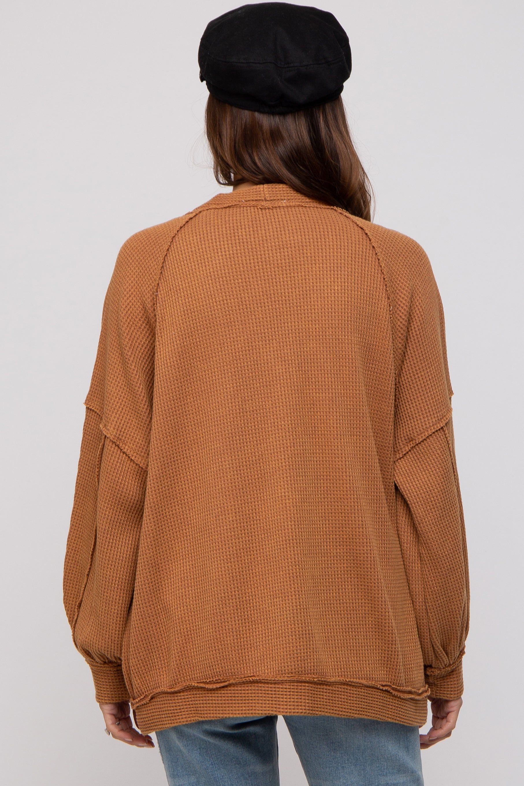Camel Waffle Knit Button Long Sleeve Maternity Top sold by Pinkblush product image thumbnail 3