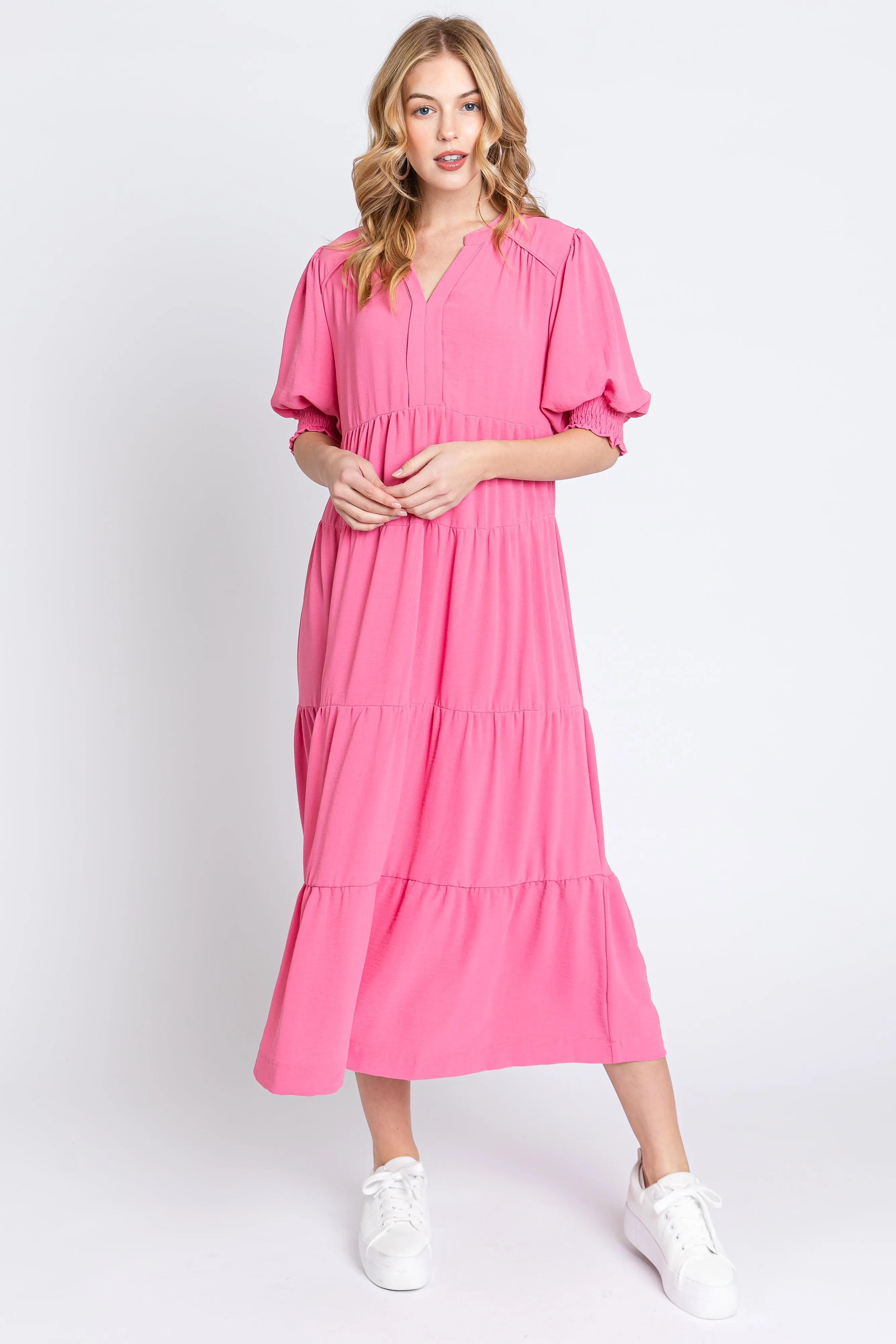 Pink Short Sleeve Tiered Maternity Midi Dress sold by Pinkblush product image thumbnail 4